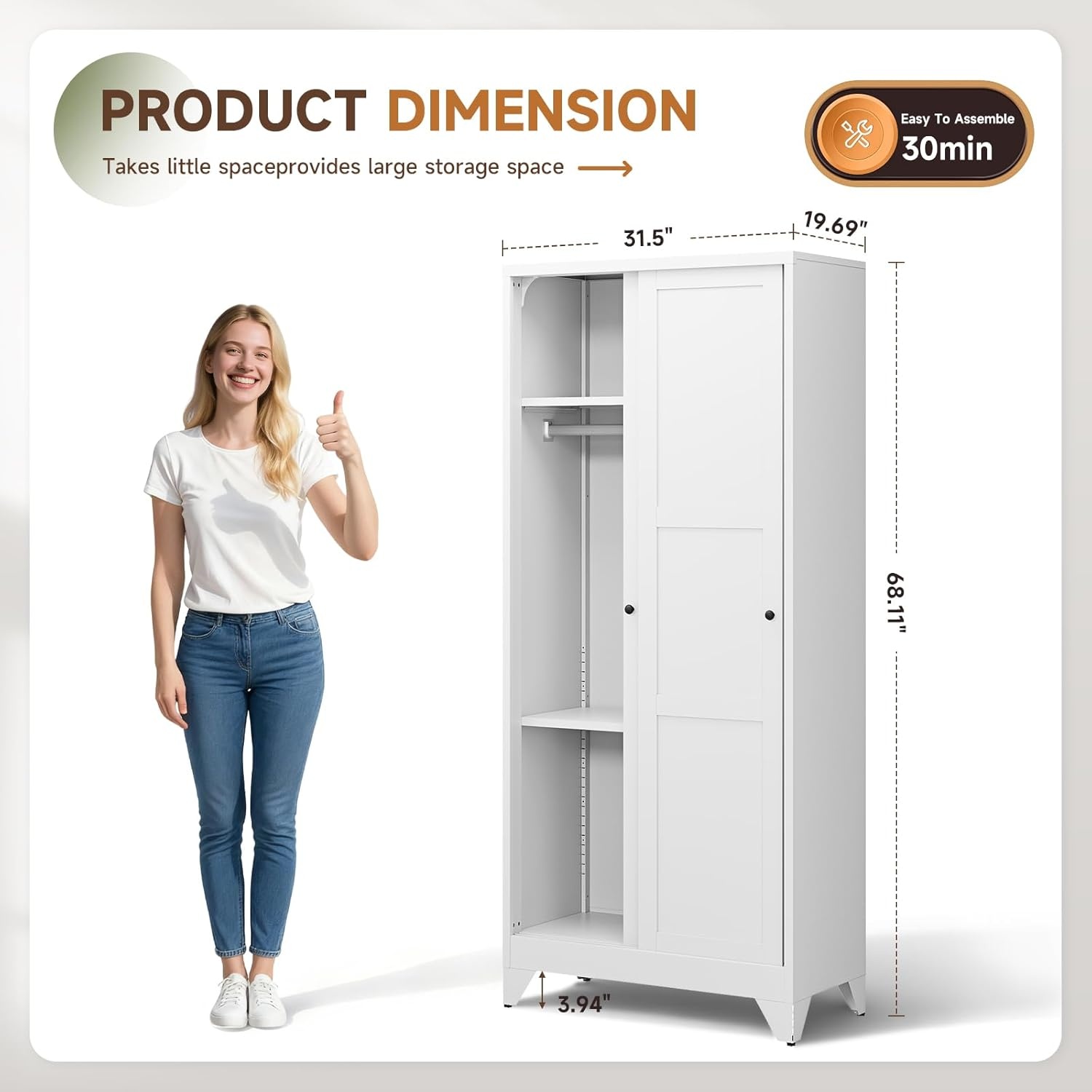 image:imageLetaya Metal Armoire Wardrobe Closet with 2 Drawers18 Deep Clothing Storage Cabinet with Doors and ShelvesCoat Closet with Hanging RodBedroomHomeCloak RoomWhiteWhite
