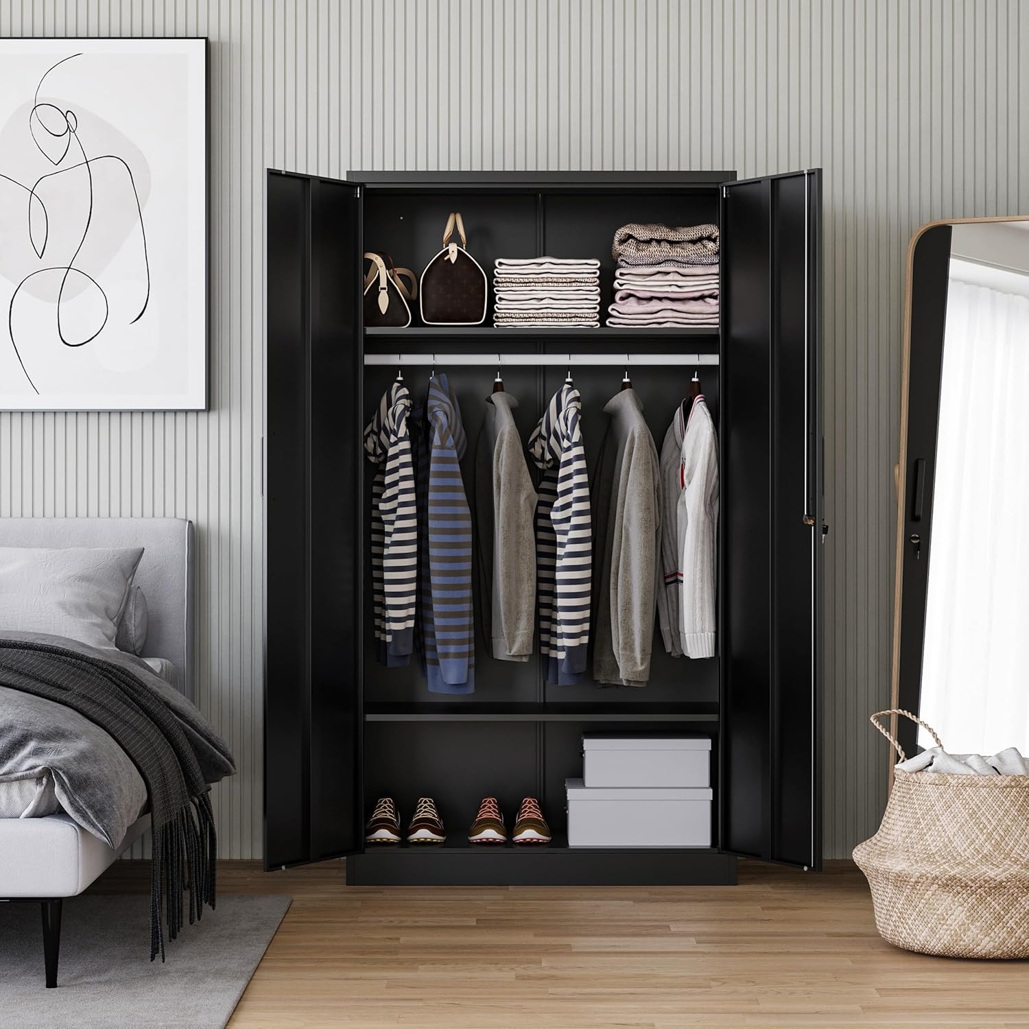 image:imageLetaya Metal Armoire Wardrobe Closet with 2 Drawers18 Deep Clothing Storage Cabinet with Doors and ShelvesCoat Closet with Hanging RodBedroomHomeCloak RoomWhiteBlack