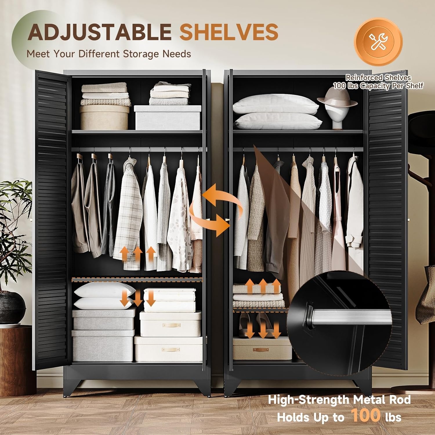 image:imageLetaya Metal Armoire Wardrobe Closet with 2 Drawers18 Deep Clothing Storage Cabinet with Doors and ShelvesCoat Closet with Hanging RodBedroomHomeCloak RoomWhiteBlack