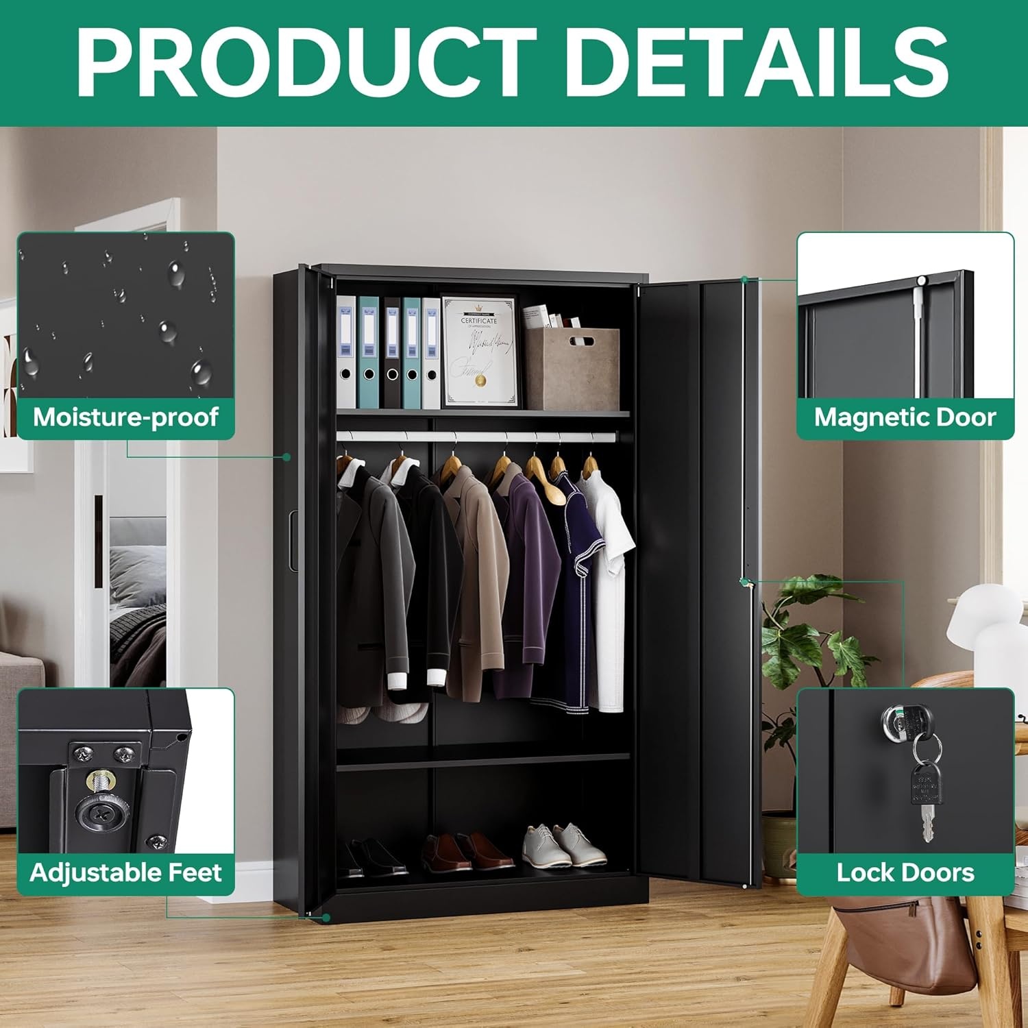 image:imageLetaya Metal Armoire Wardrobe Closet with 2 Drawers18 Deep Clothing Storage Cabinet with Doors and ShelvesCoat Closet with Hanging RodBedroomHomeCloak RoomWhiteBlack