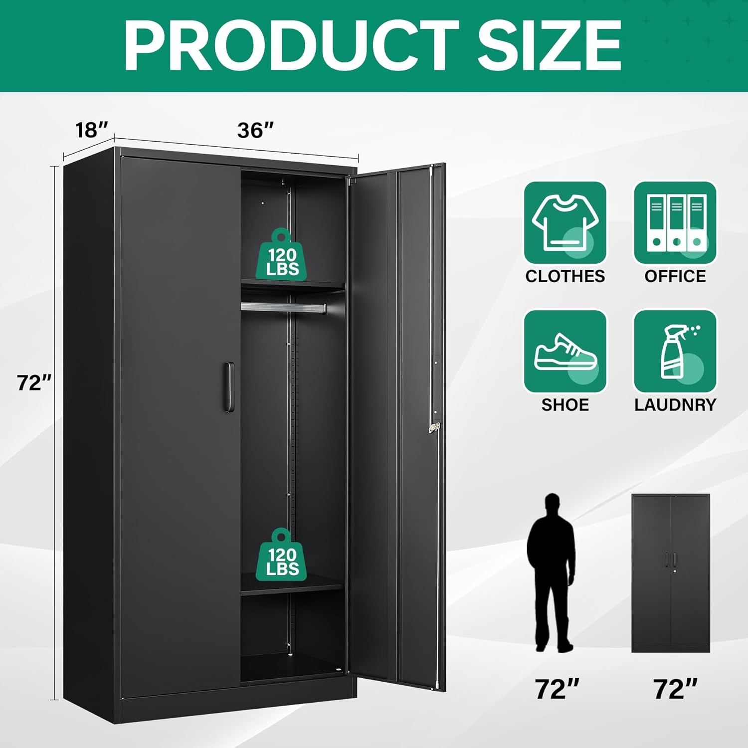 image:imageLetaya Metal Armoire Wardrobe Closet with 2 Drawers18 Deep Clothing Storage Cabinet with Doors and ShelvesCoat Closet with Hanging RodBedroomHomeCloak RoomWhiteBlack