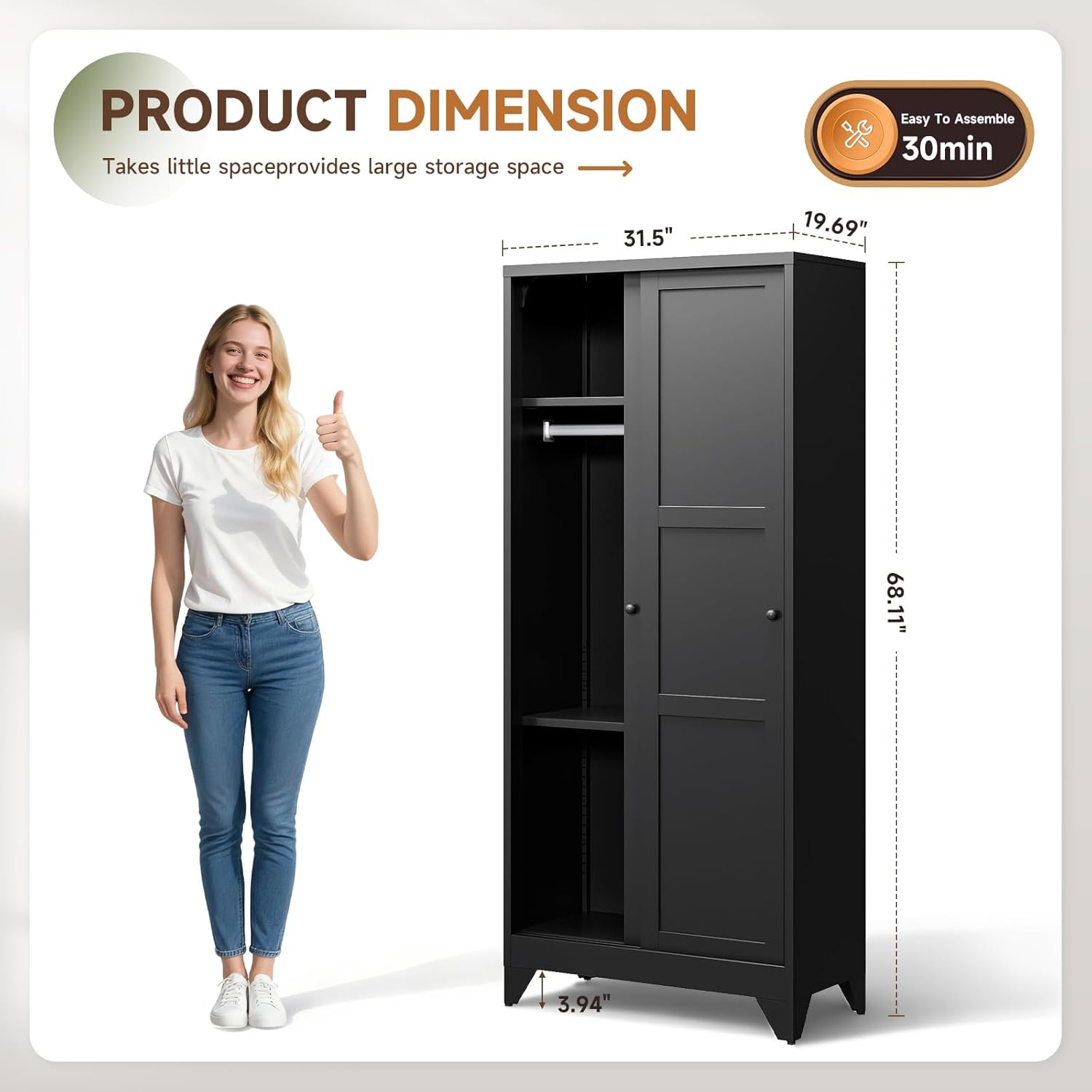 image:imageLetaya Metal Armoire Wardrobe Closet with 2 Drawers18 Deep Clothing Storage Cabinet with Doors and ShelvesCoat Closet with Hanging RodBedroomHomeCloak RoomWhiteBlack