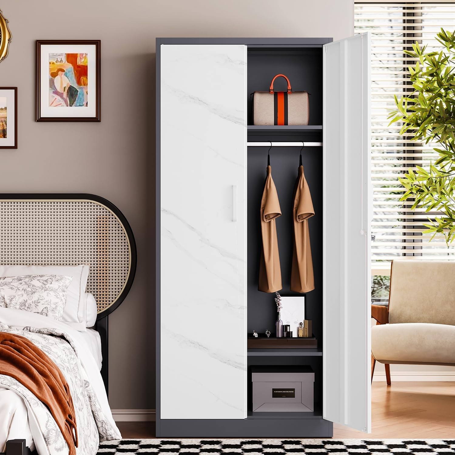 image:imageLetaya Metal Armoire Wardrobe Closet with 2 Drawers18 Deep Clothing Storage Cabinet with Doors and ShelvesCoat Closet with Hanging RodBedroomHomeCloak RoomWhiteGray White
