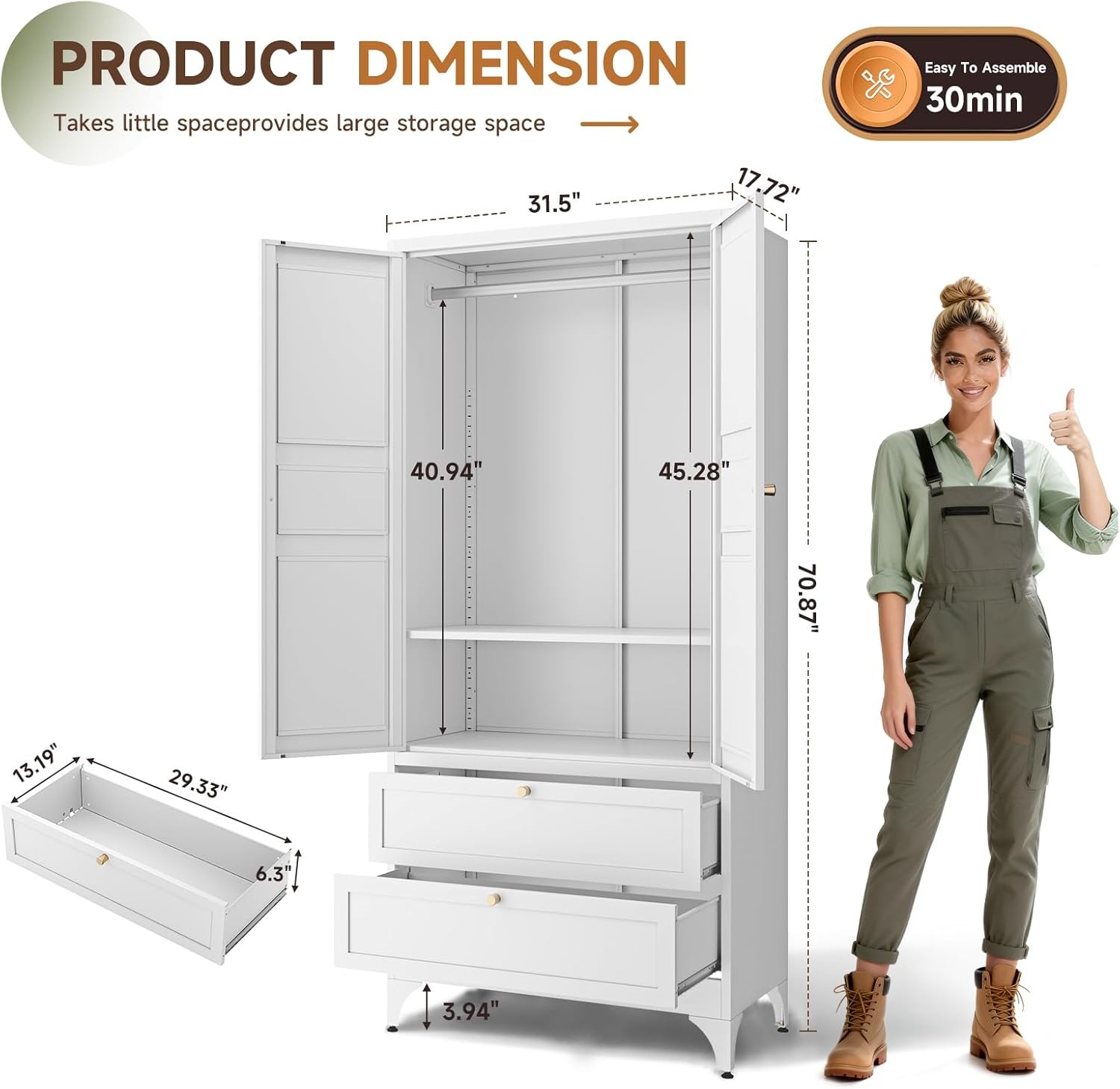 image:imageLetaya Metal Armoire Wardrobe Closet with 2 Drawers18 Deep Clothing Storage Cabinet with Doors and ShelvesCoat Closet with Hanging RodBedroomHomeCloak RoomWhiteWhite