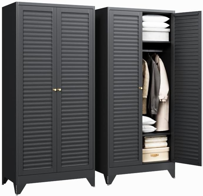 image:imageLetaya Metal Armoire Wardrobe Closet with 2 Drawers18 Deep Clothing Storage Cabinet with Doors and ShelvesCoat Closet with Hanging RodBedroomHomeCloak RoomWhiteBlack