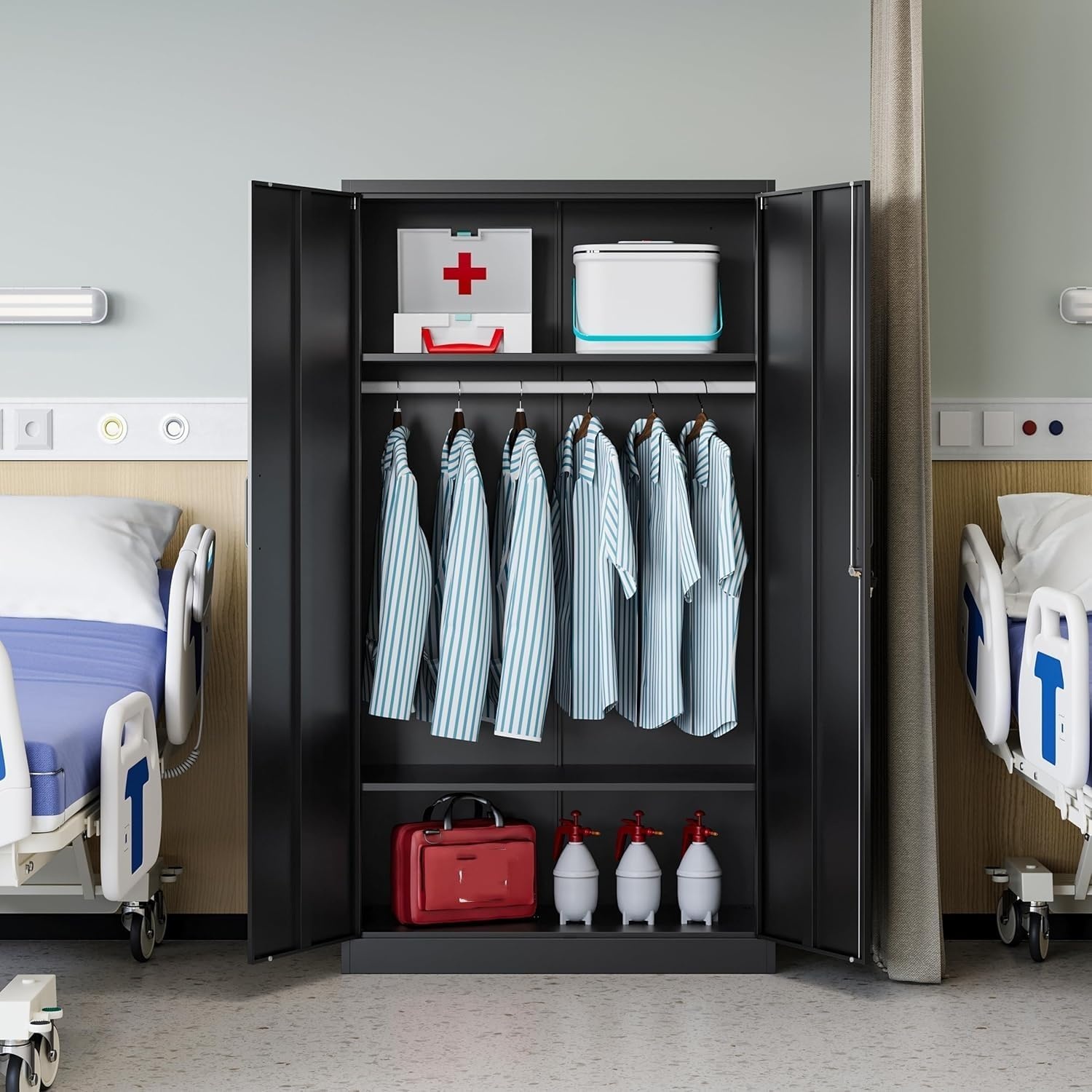image:imageLetaya Metal Armoire Wardrobe Closet with 2 Drawers18 Deep Clothing Storage Cabinet with Doors and ShelvesCoat Closet with Hanging RodBedroomHomeCloak RoomWhiteBlack
