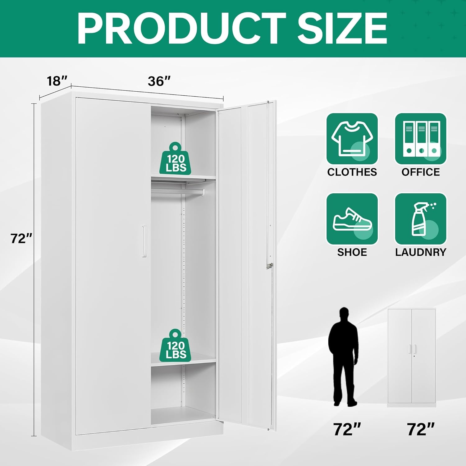image:imageLetaya Metal Armoire Wardrobe Closet with 2 Drawers18 Deep Clothing Storage Cabinet with Doors and ShelvesCoat Closet with Hanging RodBedroomHomeCloak RoomWhiteWhite
