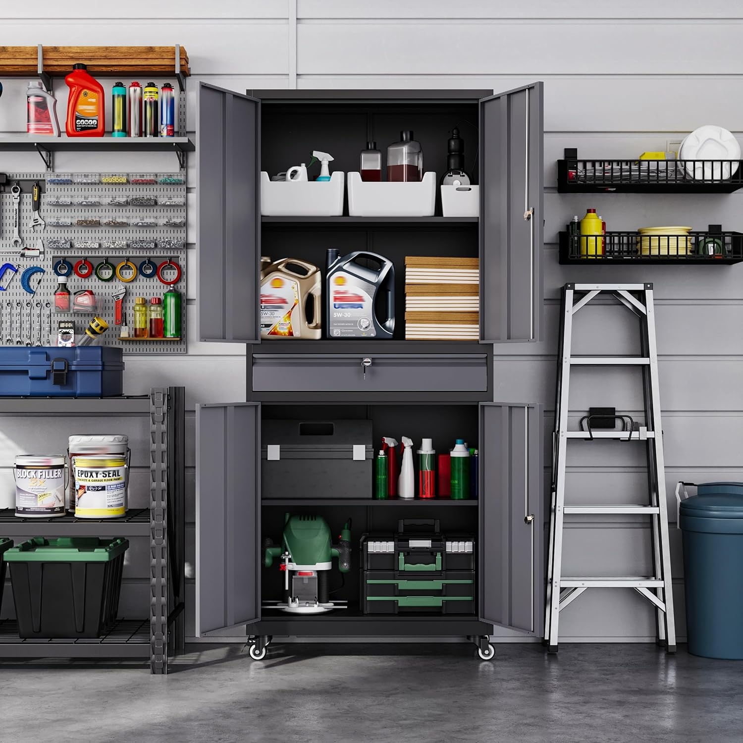 image:imageLetaya Metal Garage Storage Cabinet with Wheels72 Rolling Tool Cabinet with 4 Door LockAdjustable Shelves and Drawer for Garage Home Office Utility Room White with WheelsBlack Grey