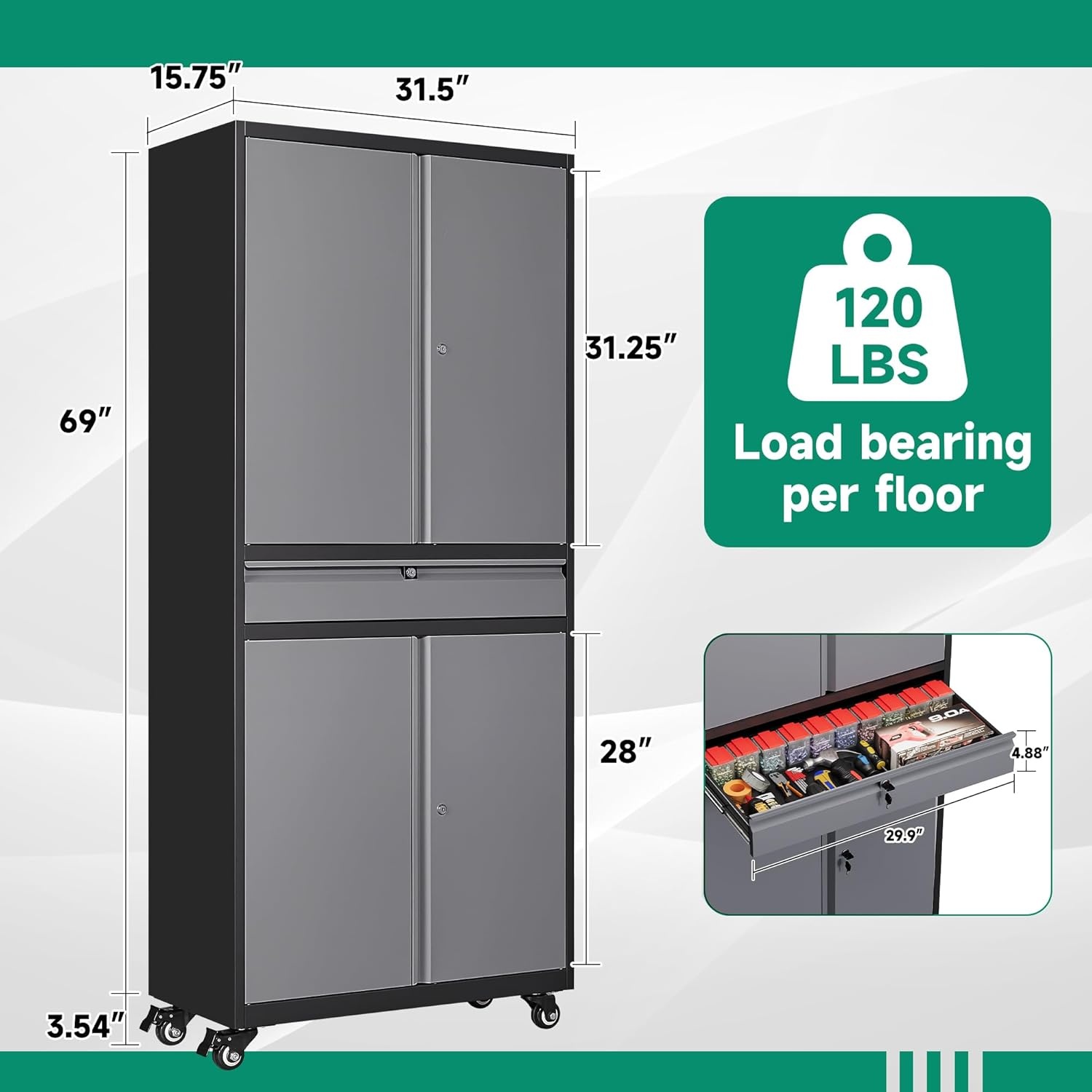 image:imageLetaya Metal Garage Storage Cabinet with Wheels72 Rolling Tool Cabinet with 4 Door LockAdjustable Shelves and Drawer for Garage Home Office Utility Room White with WheelsBlack Grey