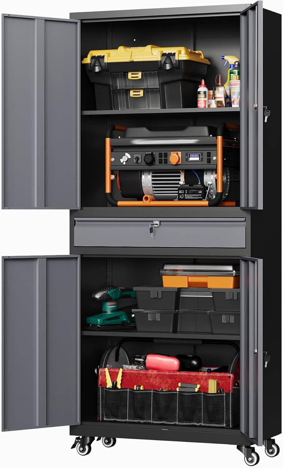 image:imageLetaya Metal Garage Storage Cabinet with Wheels72 Rolling Tool Cabinet with 4 Door LockAdjustable Shelves and Drawer for Garage Home Office Utility Room White with WheelsBlack Grey
