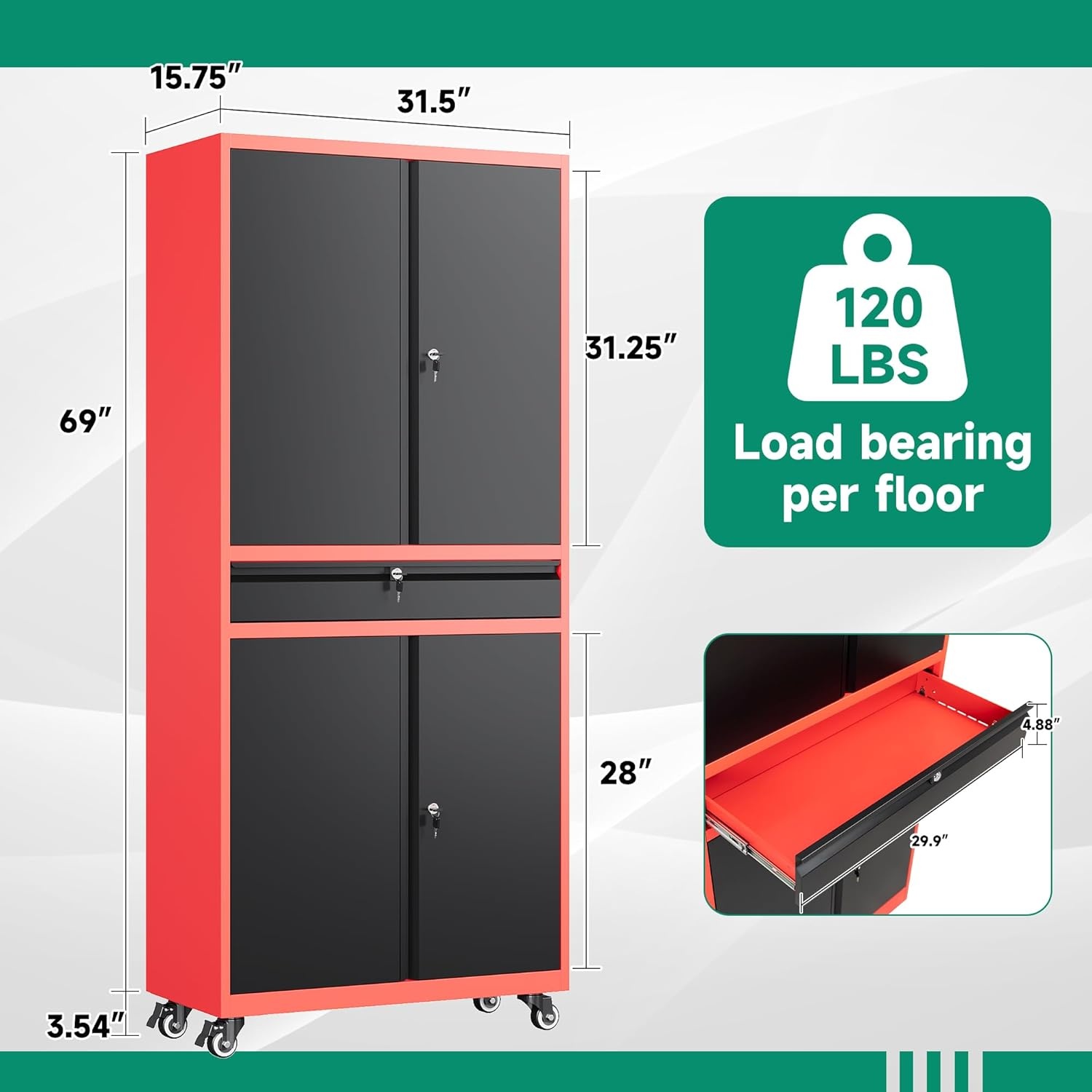 image:imageLetaya Metal Garage Storage Cabinet with Wheels72 Rolling Tool Cabinet with 4 Door LockAdjustable Shelves and Drawer for Garage Home Office Utility Room White with WheelsBlack Red
