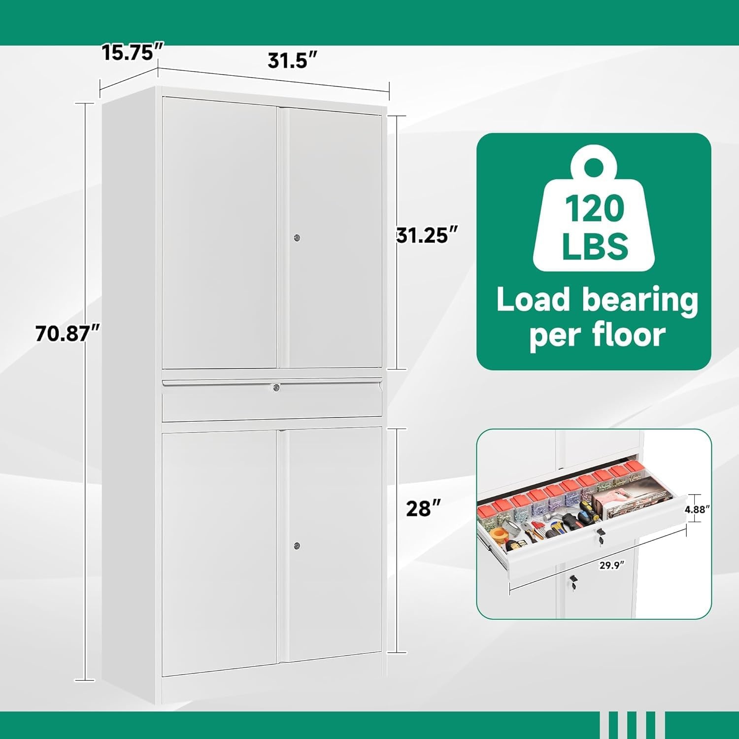 image:imageLetaya Metal Garage Storage Cabinet with Wheels72 Rolling Tool Cabinet with 4 Door LockAdjustable Shelves and Drawer for Garage Home Office Utility Room White with WheelsWhite