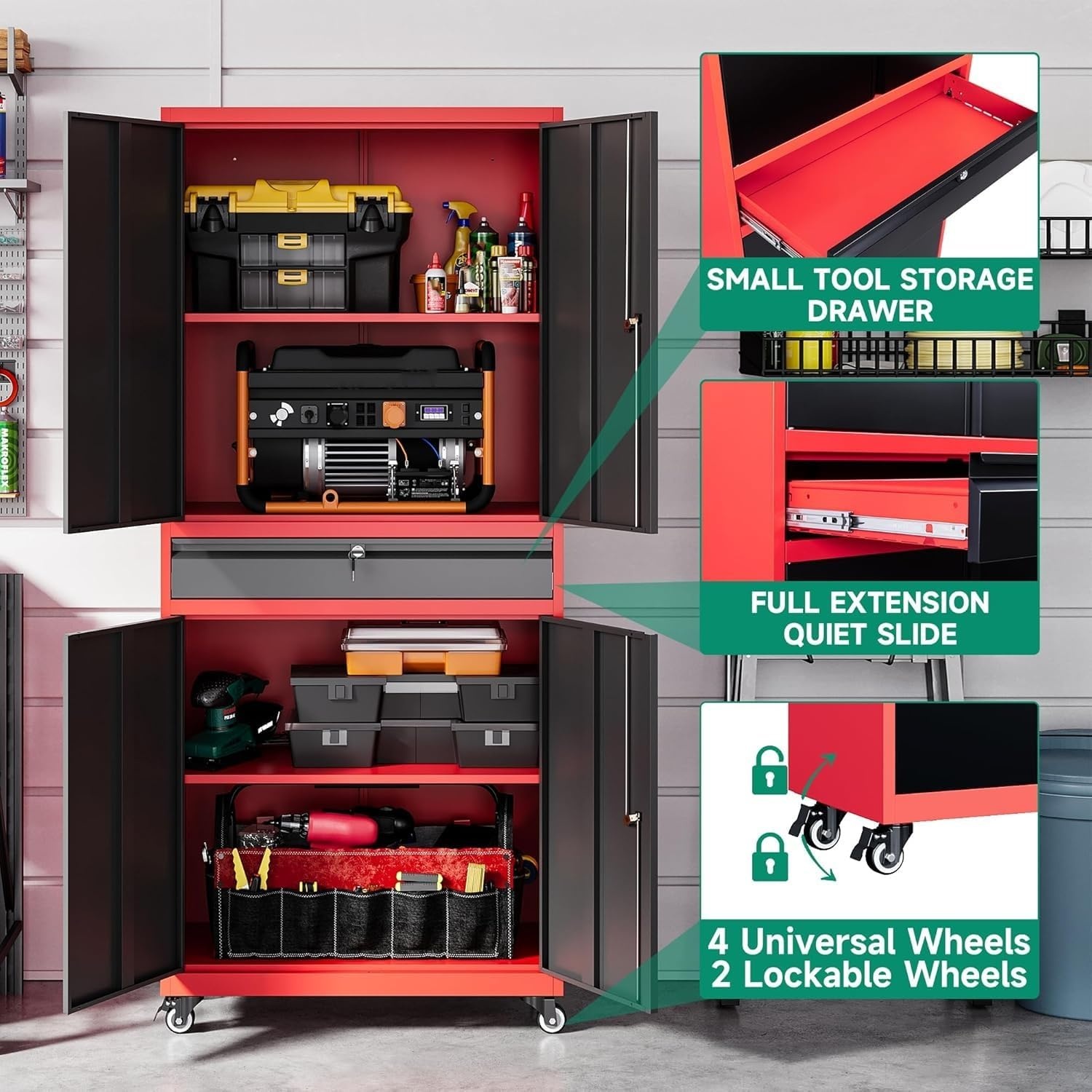 image:imageLetaya Metal Garage Storage Cabinet with Wheels72 Rolling Tool Cabinet with 4 Door LockAdjustable Shelves and Drawer for Garage Home Office Utility Room White with WheelsBlack Red