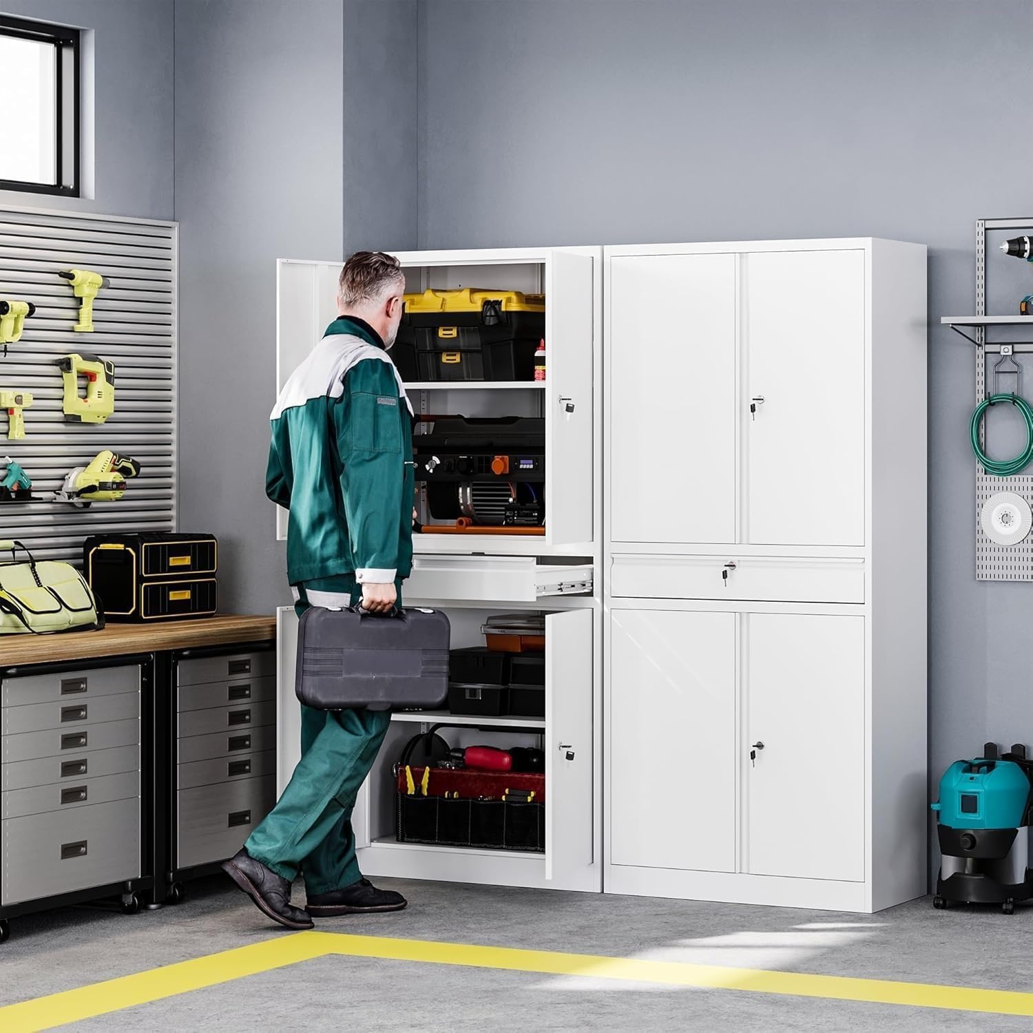 image:imageLetaya Metal Garage Storage Cabinet with Wheels72 Rolling Tool Cabinet with 4 Door LockAdjustable Shelves and Drawer for Garage Home Office Utility Room White with WheelsWhite