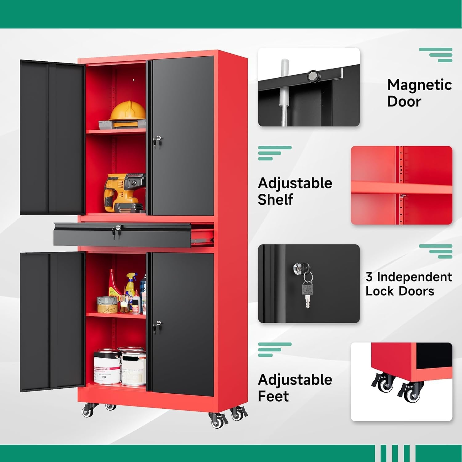image:imageLetaya Metal Garage Storage Cabinet with Wheels72 Rolling Tool Cabinet with 4 Door LockAdjustable Shelves and Drawer for Garage Home Office Utility Room White with WheelsBlack Red