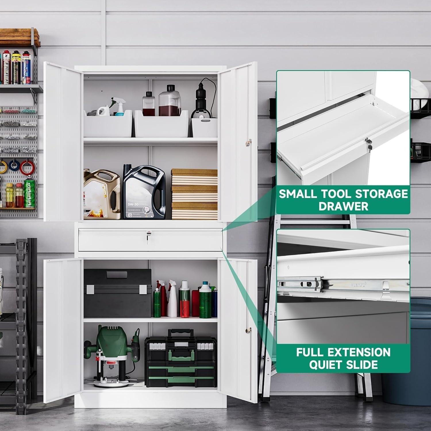 image:imageLetaya Metal Garage Storage Cabinet with Wheels72 Rolling Tool Cabinet with 4 Door LockAdjustable Shelves and Drawer for Garage Home Office Utility Room White with WheelsWhite