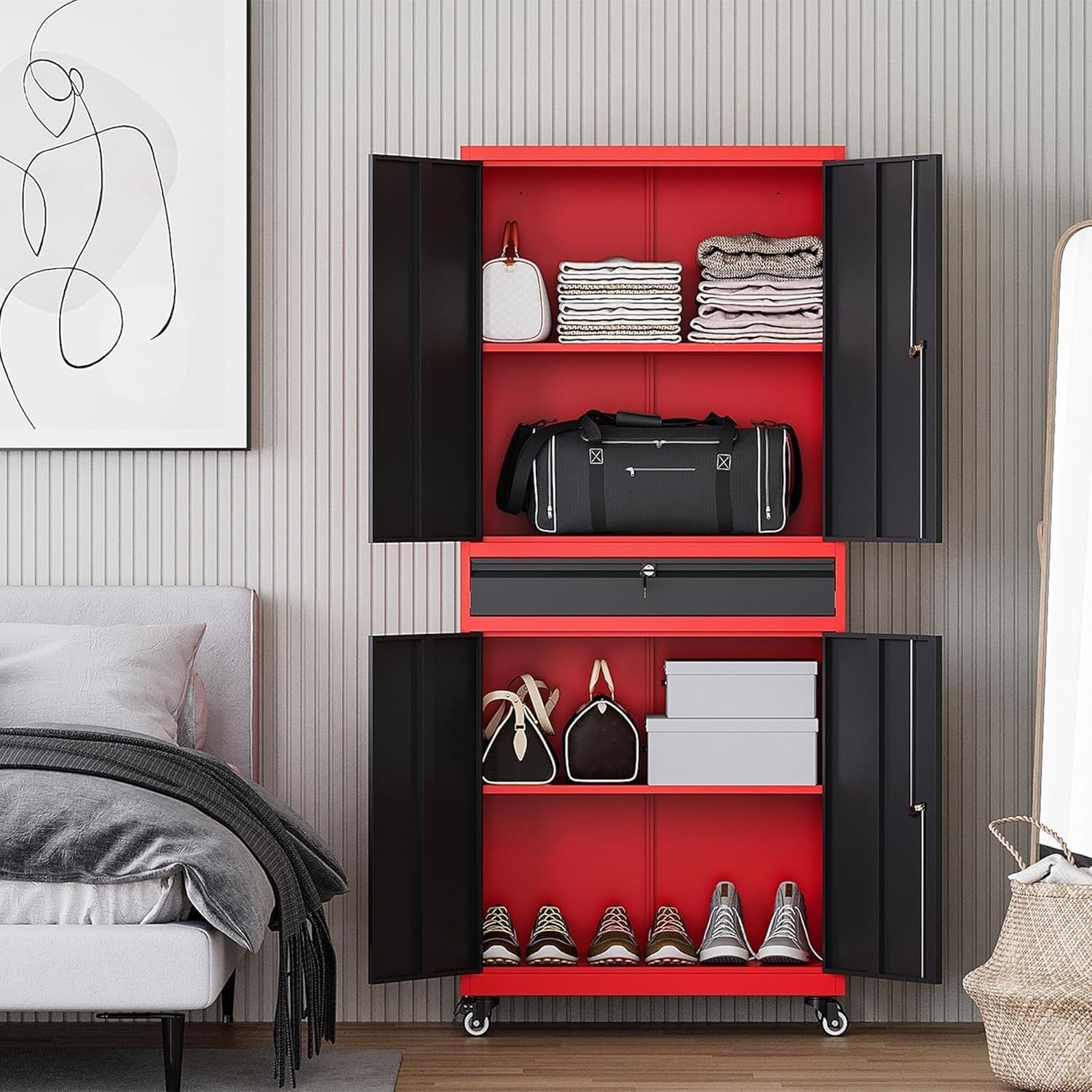 image:imageLetaya Metal Garage Storage Cabinet with Wheels72 Rolling Tool Cabinet with 4 Door LockAdjustable Shelves and Drawer for Garage Home Office Utility Room White with WheelsBlack Red