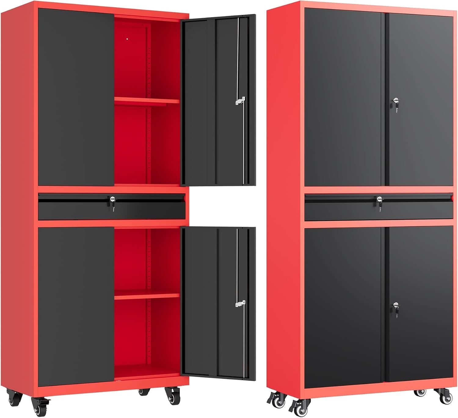 image:imageLetaya Metal Garage Storage Cabinet with Wheels72 Rolling Tool Cabinet with 4 Door LockAdjustable Shelves and Drawer for Garage Home Office Utility Room White with WheelsBlack Red