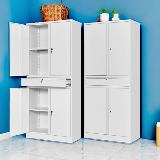 image:imageLetaya Metal Garage Storage Cabinet with Wheels72 Rolling Tool Cabinet with 4 Door LockAdjustable Shelves and Drawer for Garage Home Office Utility Room White with WheelsWhite