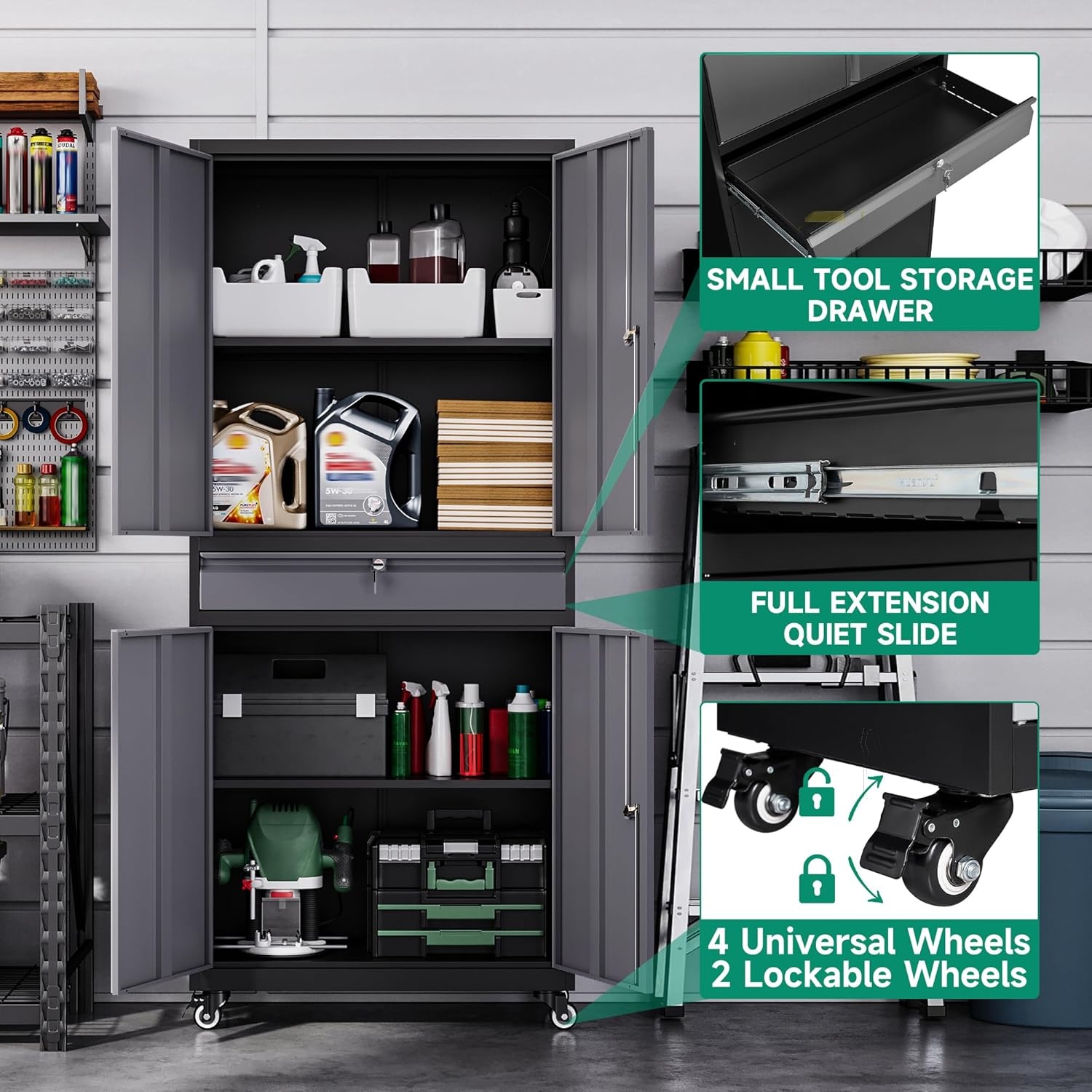 image:imageLetaya Metal Garage Storage Cabinet with Wheels72 Rolling Tool Cabinet with 4 Door LockAdjustable Shelves and Drawer for Garage Home Office Utility Room White with WheelsBlack Grey
