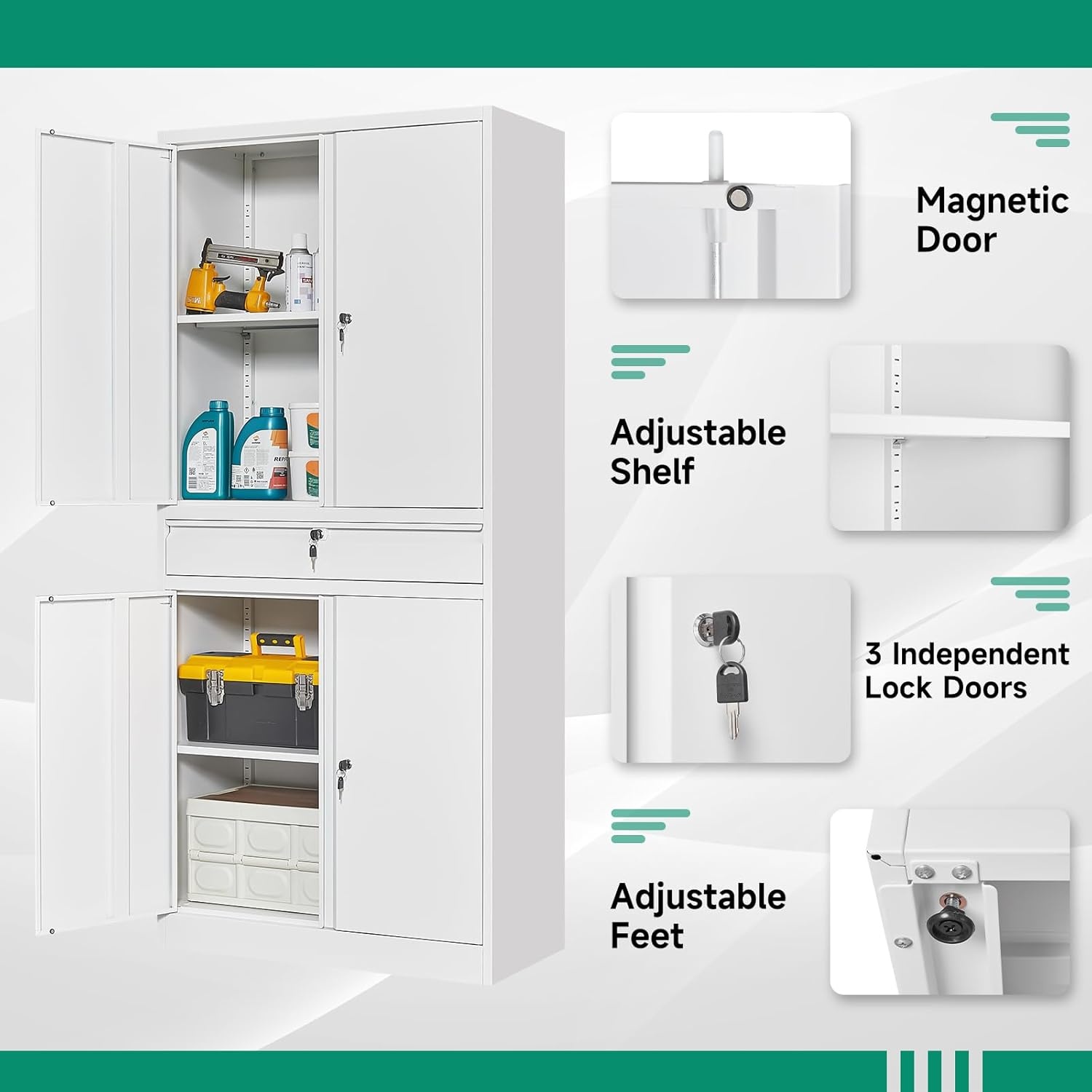 image:imageLetaya Metal Garage Storage Cabinet with Wheels72 Rolling Tool Cabinet with 4 Door LockAdjustable Shelves and Drawer for Garage Home Office Utility Room White with WheelsWhite