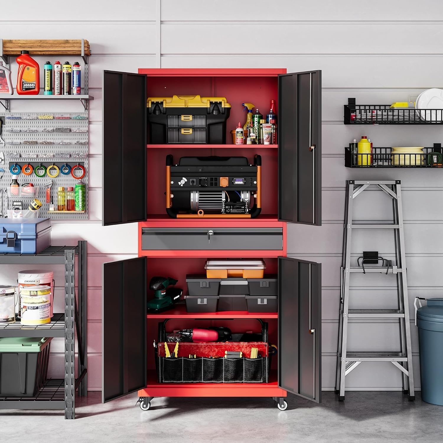 image:imageLetaya Metal Garage Storage Cabinet with Wheels72 Rolling Tool Cabinet with 4 Door LockAdjustable Shelves and Drawer for Garage Home Office Utility Room White with WheelsBlack Red