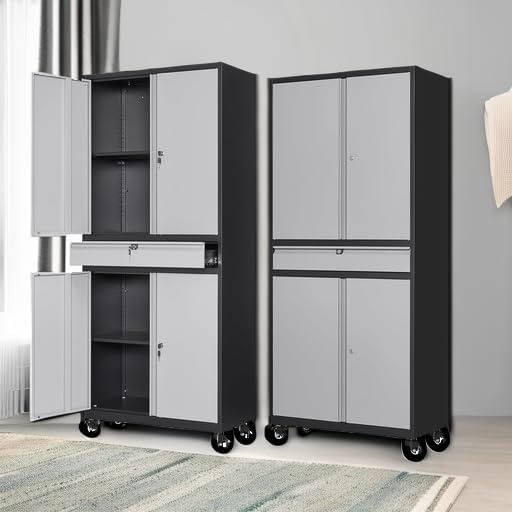 image:imageLetaya Metal Garage Storage Cabinet with Wheels72 Rolling Tool Cabinet with 4 Door LockAdjustable Shelves and Drawer for Garage Home Office Utility Room White with WheelsBlack Grey