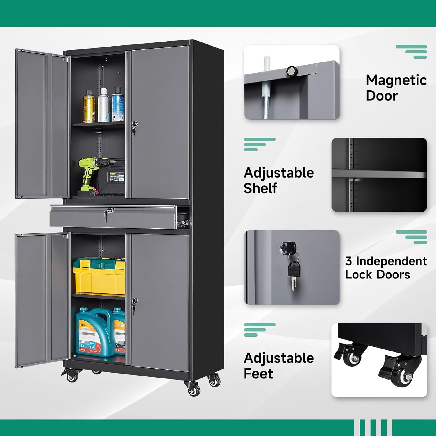image:imageLetaya Metal Garage Storage Cabinet with Wheels72 Rolling Tool Cabinet with 4 Door LockAdjustable Shelves and Drawer for Garage Home Office Utility Room White with WheelsBlack Grey