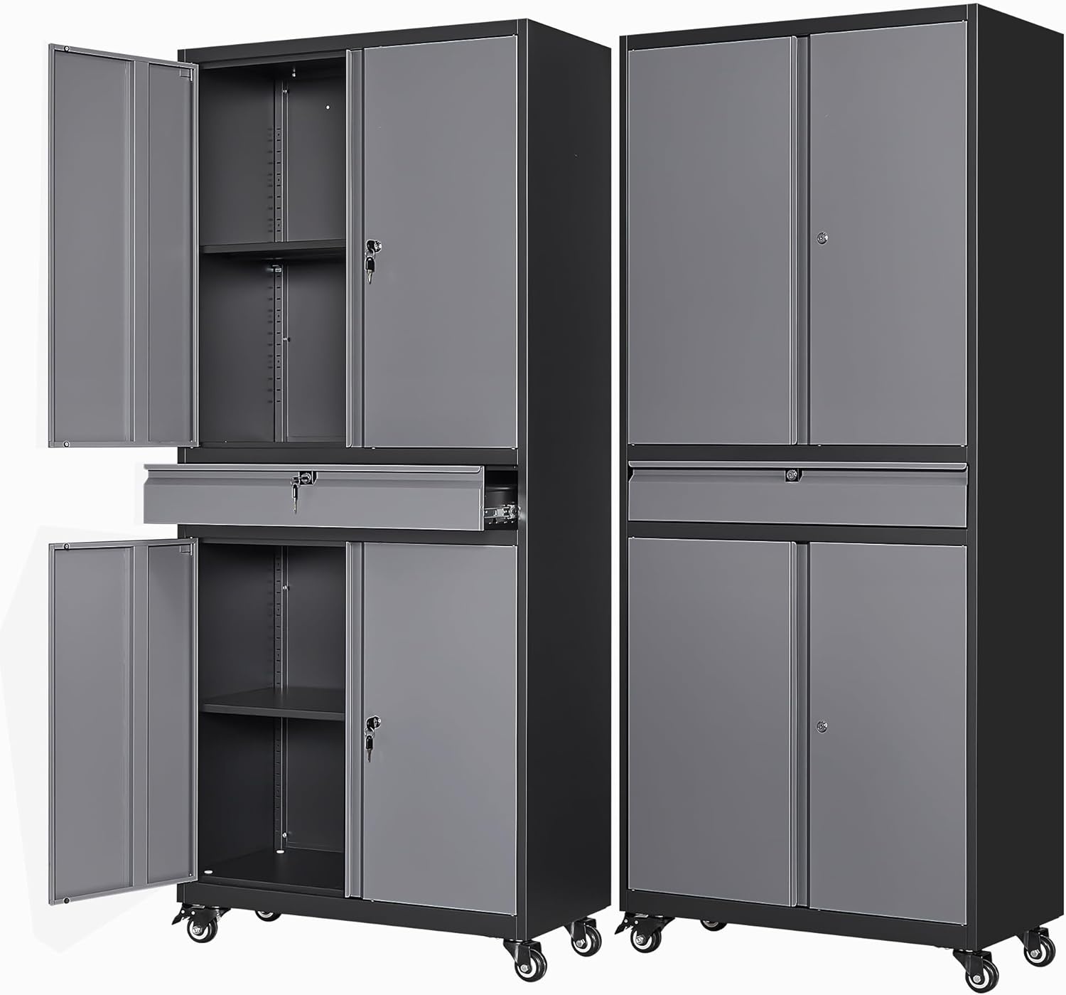 image:imageLetaya Metal Garage Storage Cabinet with Wheels72 Rolling Tool Cabinet with 4 Door LockAdjustable Shelves and Drawer for Garage Home Office Utility Room White with WheelsBlack Grey