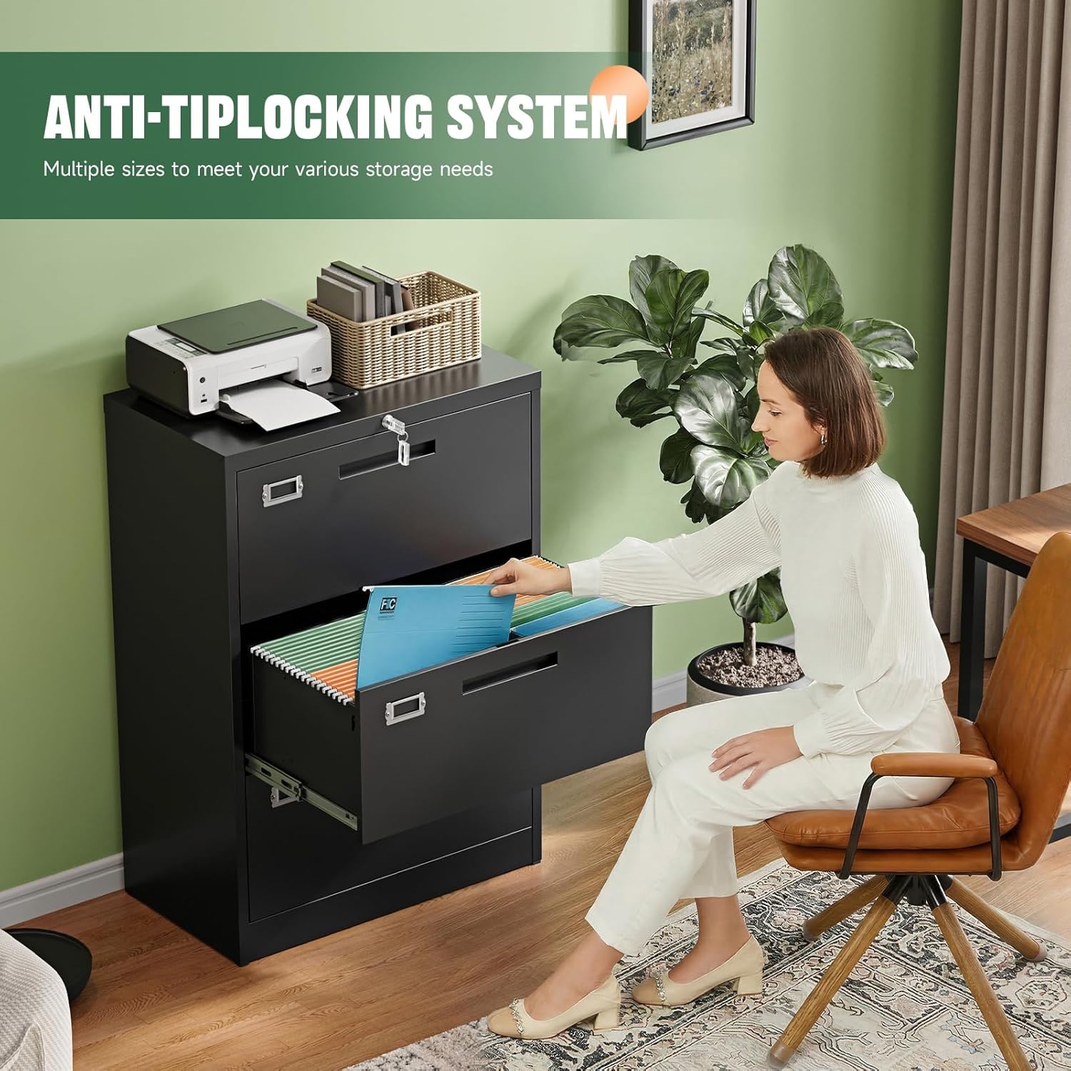 image:imageLetaya Metal Lateral File Cabinets with Lock2 Drawer Steel Wide Filing Organization Storage CabinetsHome Office Furniture for Hanging Files LetterLegalF4A4 Size Blcak2 DrawerBlack