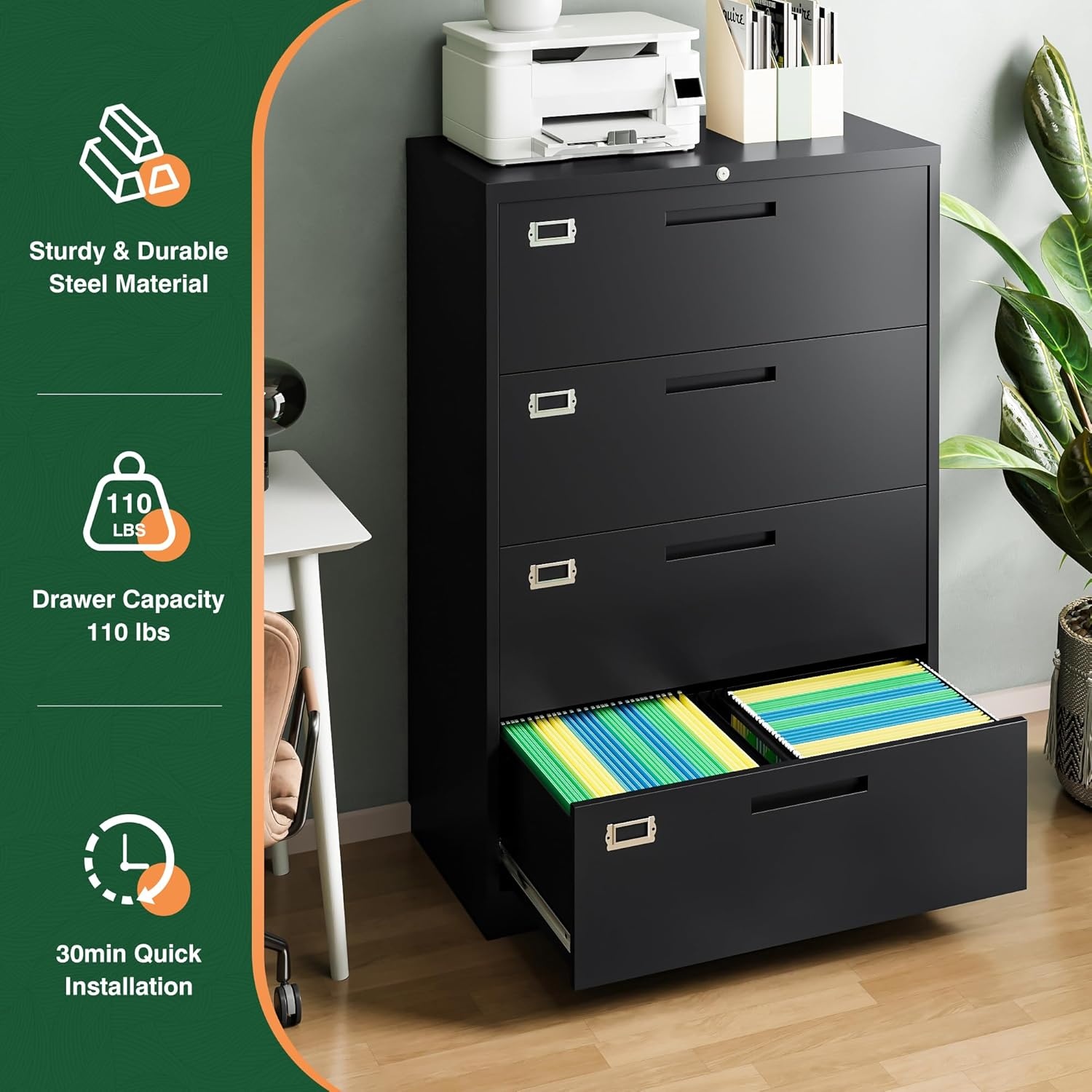 image:imageLetaya Metal Lateral File Cabinets with Lock2 Drawer Steel Wide Filing Organization Storage CabinetsHome Office Furniture for Hanging Files LetterLegalF4A4 Size Blcak2 DrawerBlack