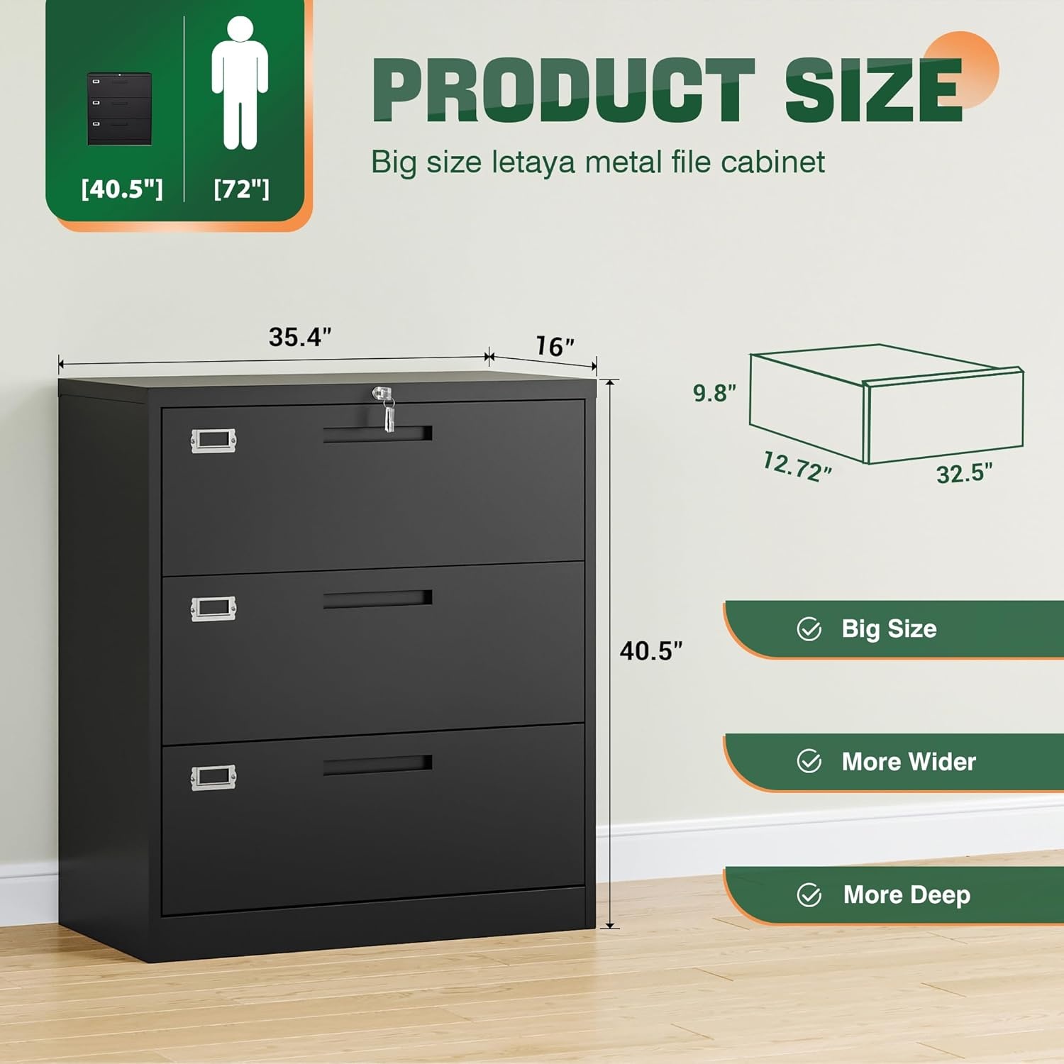image:imageLetaya Metal Lateral File Cabinets with Lock2 Drawer Steel Wide Filing Organization Storage CabinetsHome Office Furniture for Hanging Files LetterLegalF4A4 Size Blcak2 DrawerBlack