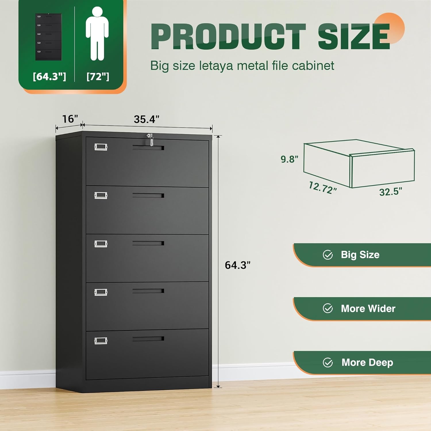 image:imageLetaya Metal Lateral File Cabinets with Lock2 Drawer Steel Wide Filing Organization Storage CabinetsHome Office Furniture for Hanging Files LetterLegalF4A4 Size Blcak2 DrawerBlack