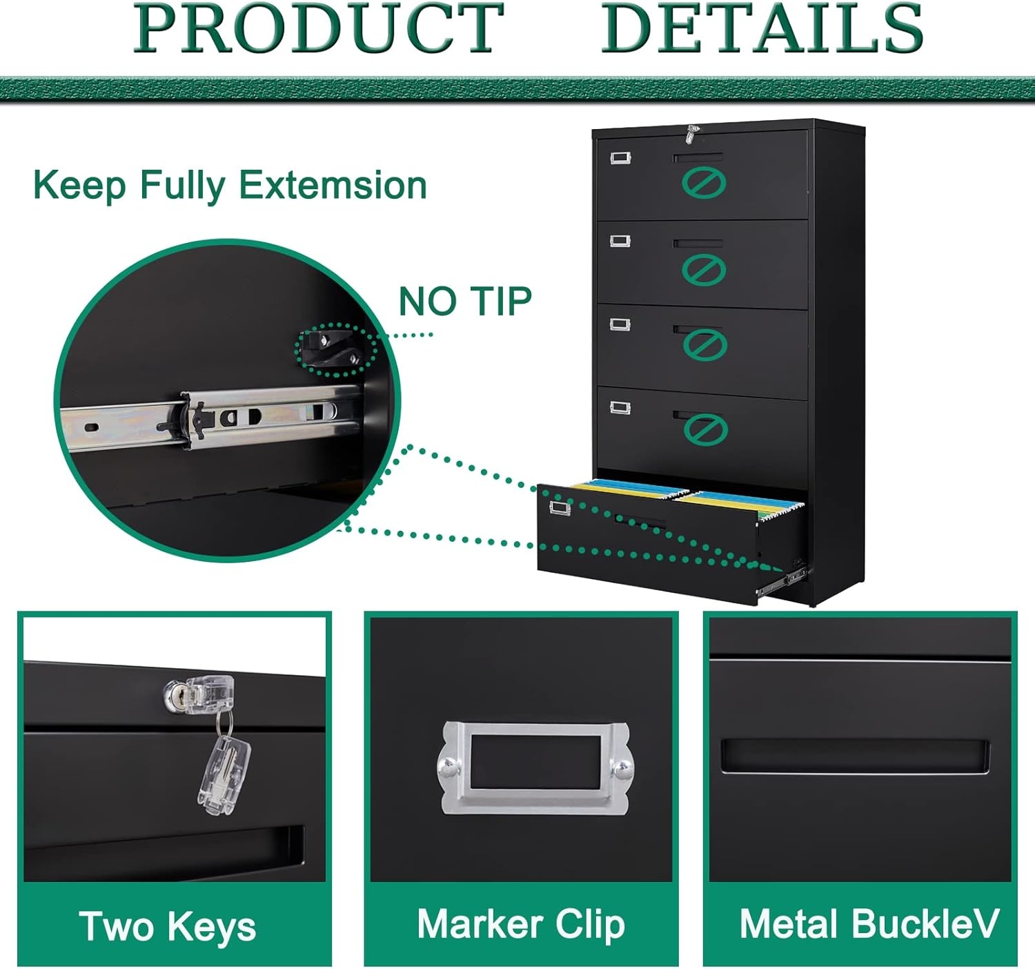 image:imageLetaya Metal Lateral File Cabinets with Lock2 Drawer Steel Wide Filing Organization Storage CabinetsHome Office Furniture for Hanging Files LetterLegalF4A4 Size Blcak2 DrawerBlack