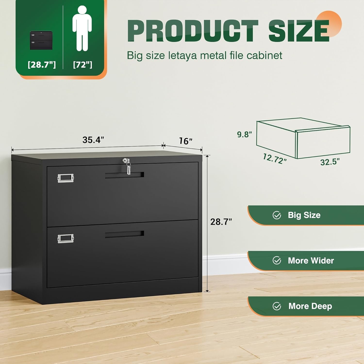 image:imageLetaya Metal Lateral File Cabinets with Lock2 Drawer Steel Wide Filing Organization Storage CabinetsHome Office Furniture for Hanging Files LetterLegalF4A4 Size Blcak2 DrawerBlack