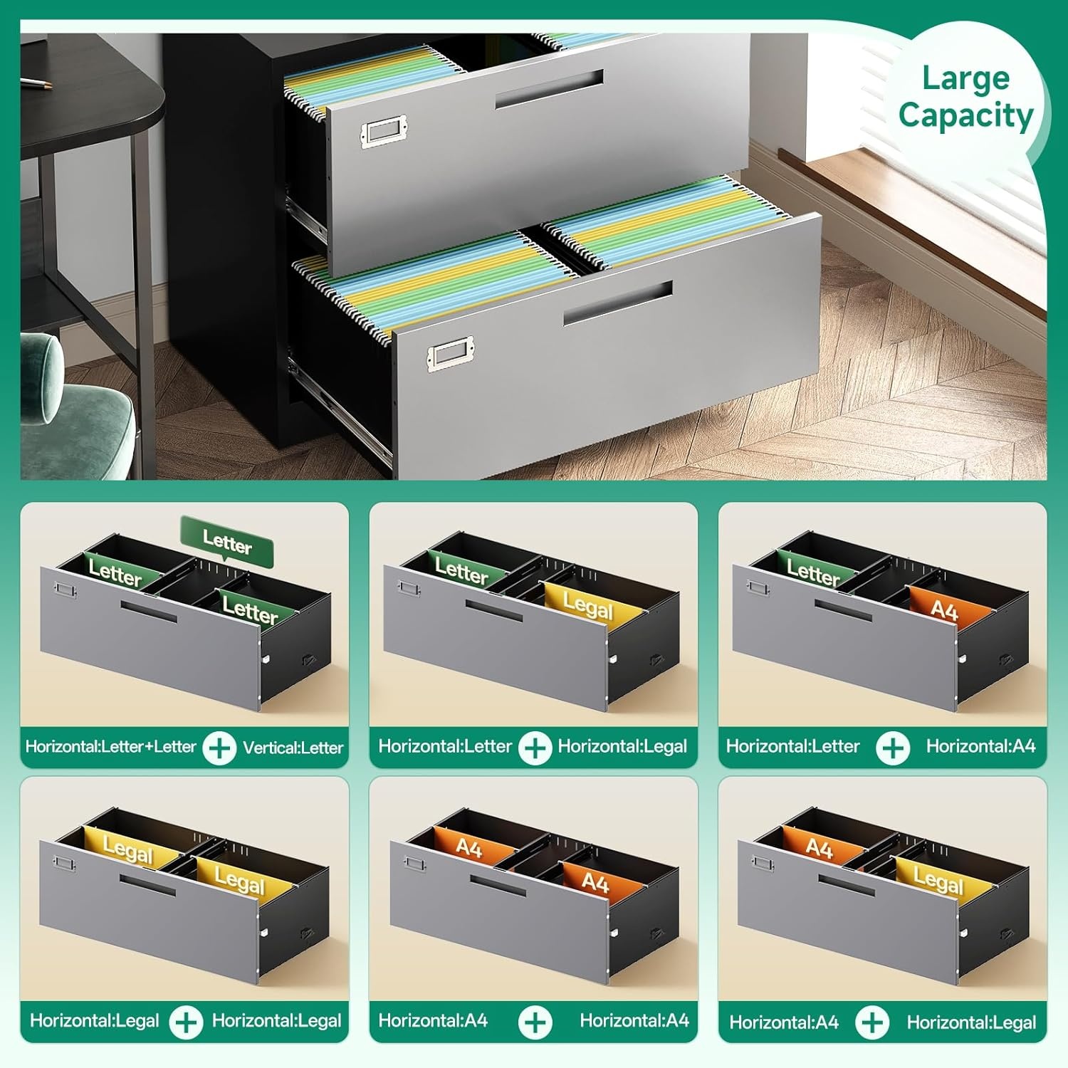 image:imageLetaya Metal Lateral File Cabinets with Lock2 Drawer Steel Wide Filing Organization Storage CabinetsHome Office Furniture for Hanging Files LetterLegalF4A4 Size Blcak2 DrawerBlack Grey