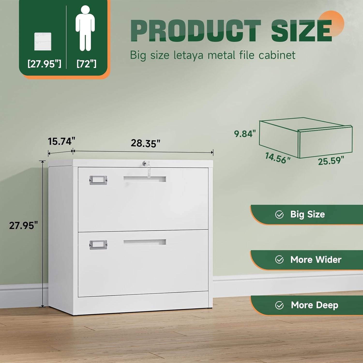 image:imageLetaya Metal Lateral File Cabinets with Lock2 Drawer Steel Wide Filing Organization Storage CabinetsHome Office Furniture for Hanging Files LetterLegalF4A4 Size Blcak2 DrawerWhite