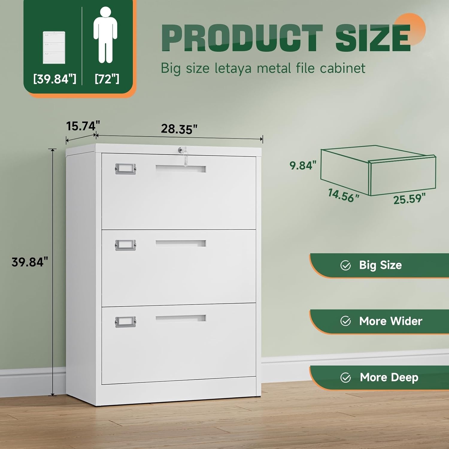 image:imageLetaya Metal Lateral File Cabinets with Lock2 Drawer Steel Wide Filing Organization Storage CabinetsHome Office Furniture for Hanging Files LetterLegalF4A4 Size Blcak2 DrawerWhite