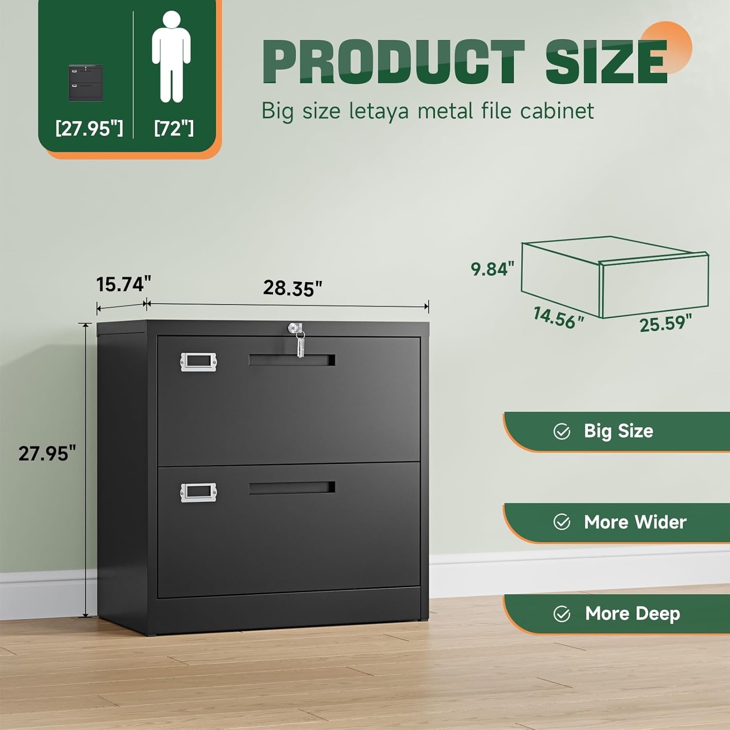 image:imageLetaya Metal Lateral File Cabinets with Lock2 Drawer Steel Wide Filing Organization Storage CabinetsHome Office Furniture for Hanging Files LetterLegalF4A4 Size Blcak2 DrawerBlack