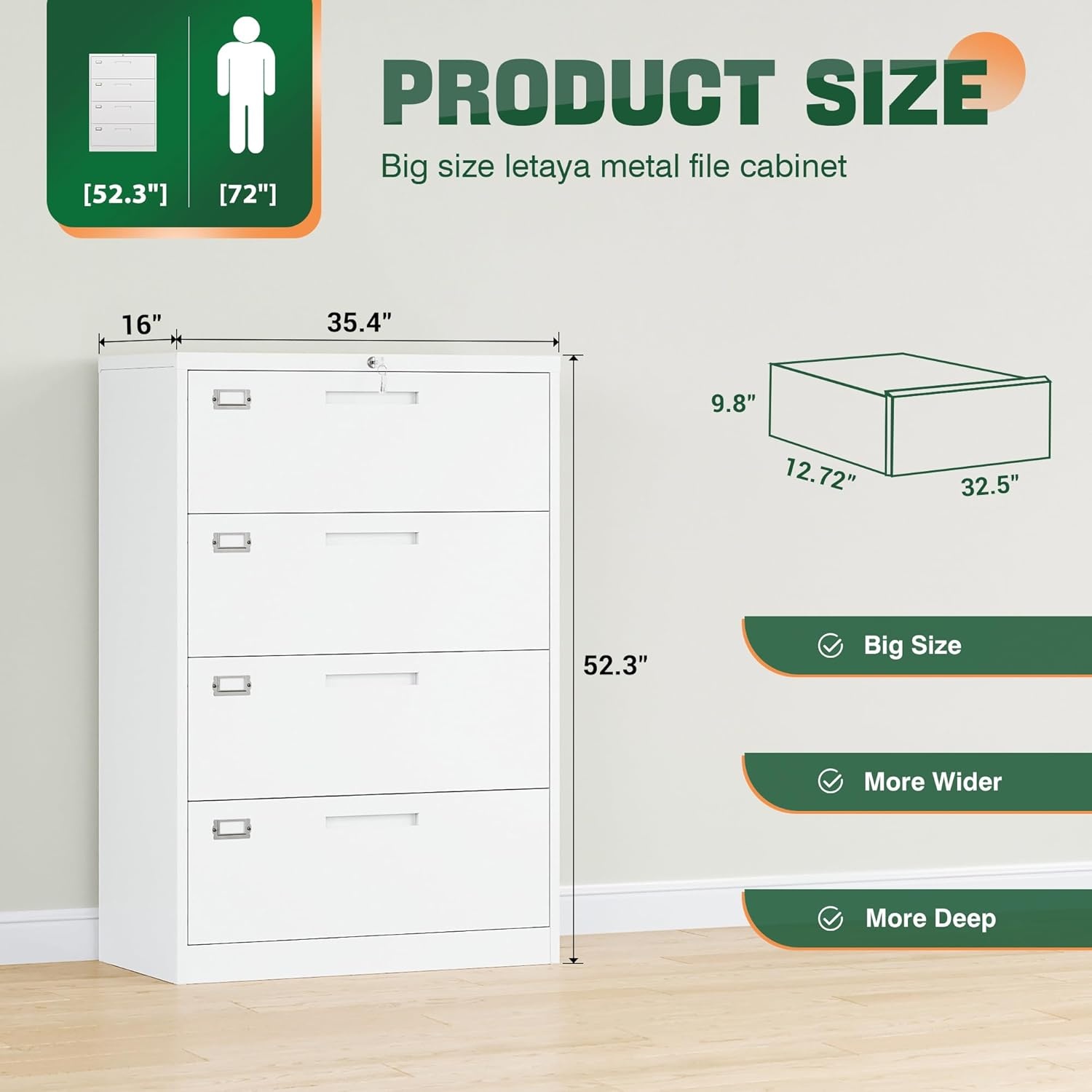 image:imageLetaya Metal Lateral File Cabinets with Lock2 Drawer Steel Wide Filing Organization Storage CabinetsHome Office Furniture for Hanging Files LetterLegalF4A4 Size Blcak2 DrawerWhite