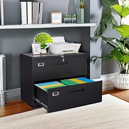 image:imageLetaya Metal Lateral File Cabinets with Lock2 Drawer Steel Wide Filing Organization Storage CabinetsHome Office Furniture for Hanging Files LetterLegalF4A4 Size Blcak2 DrawerBlack
