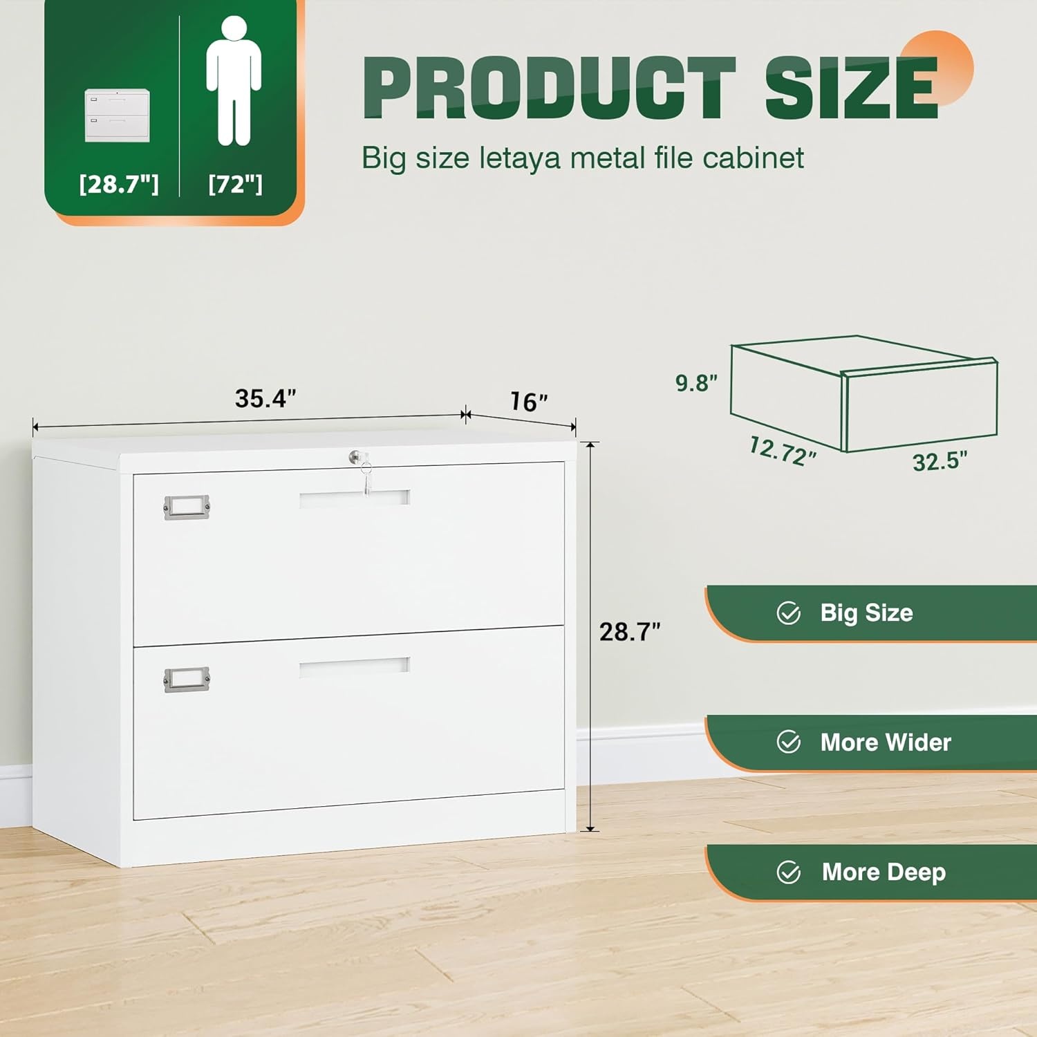 image:imageLetaya Metal Lateral File Cabinets with Lock2 Drawer Steel Wide Filing Organization Storage CabinetsHome Office Furniture for Hanging Files LetterLegalF4A4 Size Blcak2 DrawerWhite
