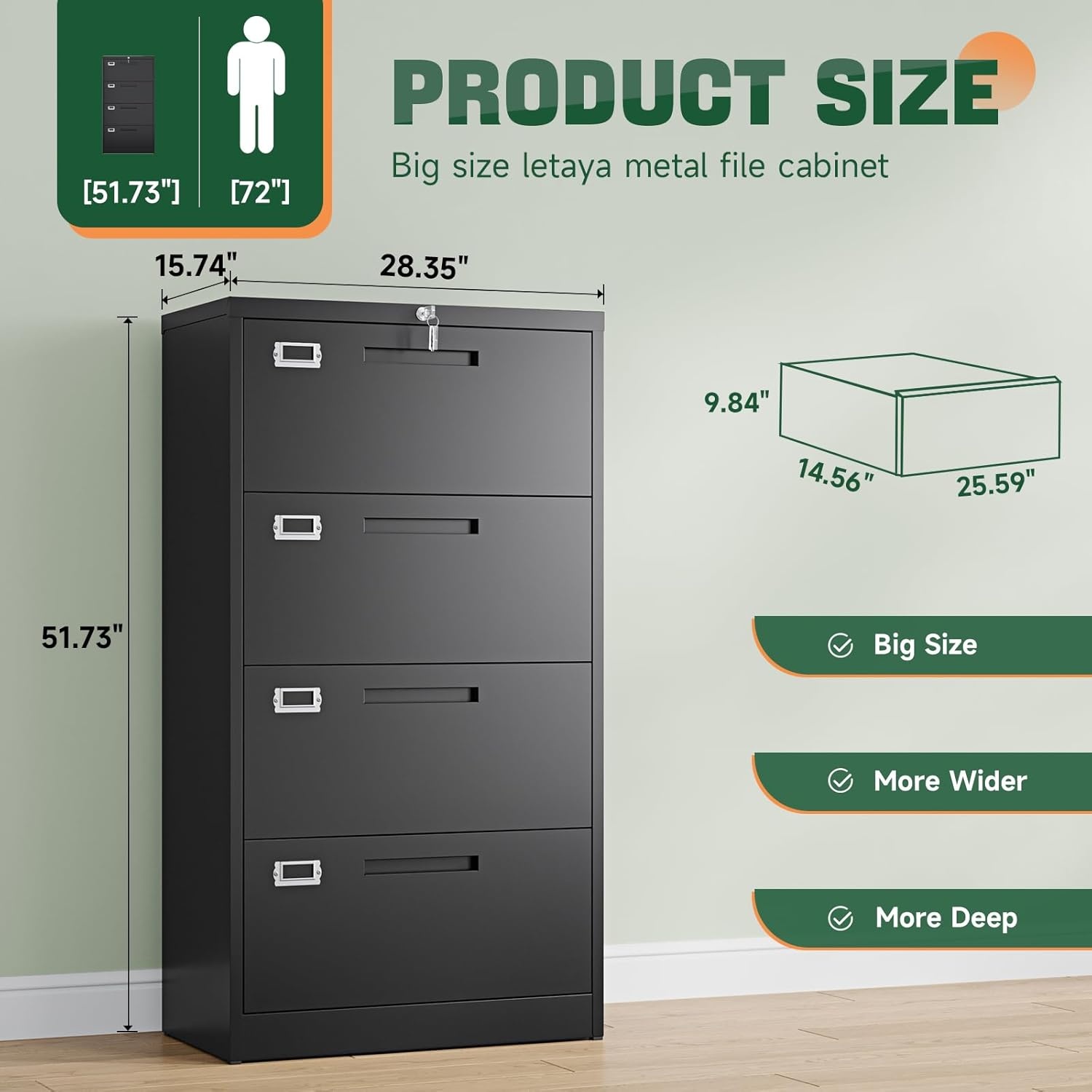 image:imageLetaya Metal Lateral File Cabinets with Lock2 Drawer Steel Wide Filing Organization Storage CabinetsHome Office Furniture for Hanging Files LetterLegalF4A4 Size Blcak2 DrawerBlack