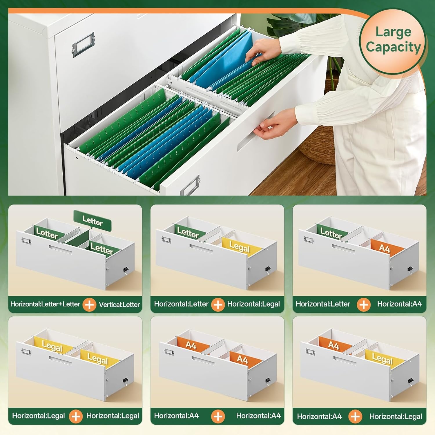 image:imageLetaya Metal Lateral File Cabinets with Lock2 Drawer Steel Wide Filing Organization Storage CabinetsHome Office Furniture for Hanging Files LetterLegalF4A4 Size Blcak2 DrawerWhite