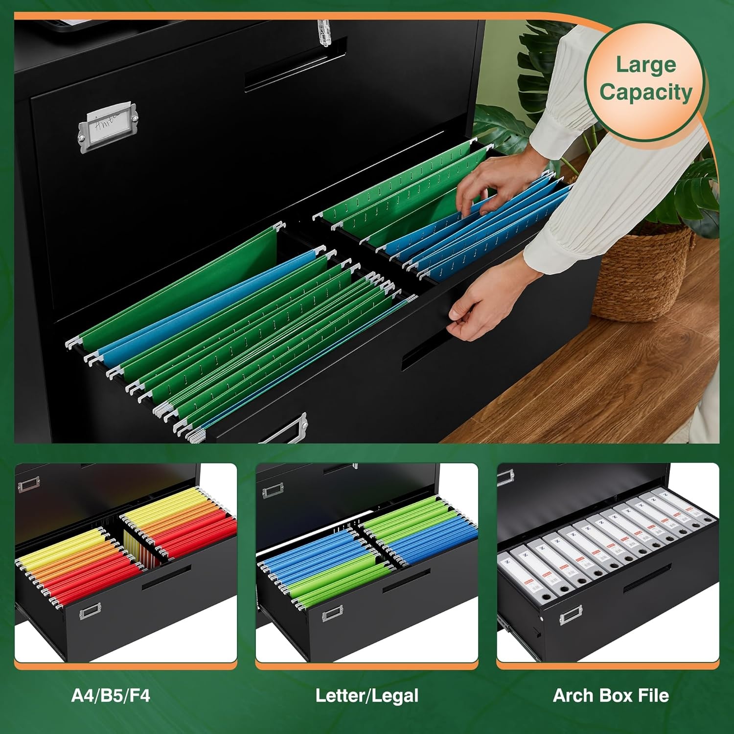 image:imageLetaya Metal Lateral File Cabinets with Lock2 Drawer Steel Wide Filing Organization Storage CabinetsHome Office Furniture for Hanging Files LetterLegalF4A4 Size Blcak2 DrawerBlack