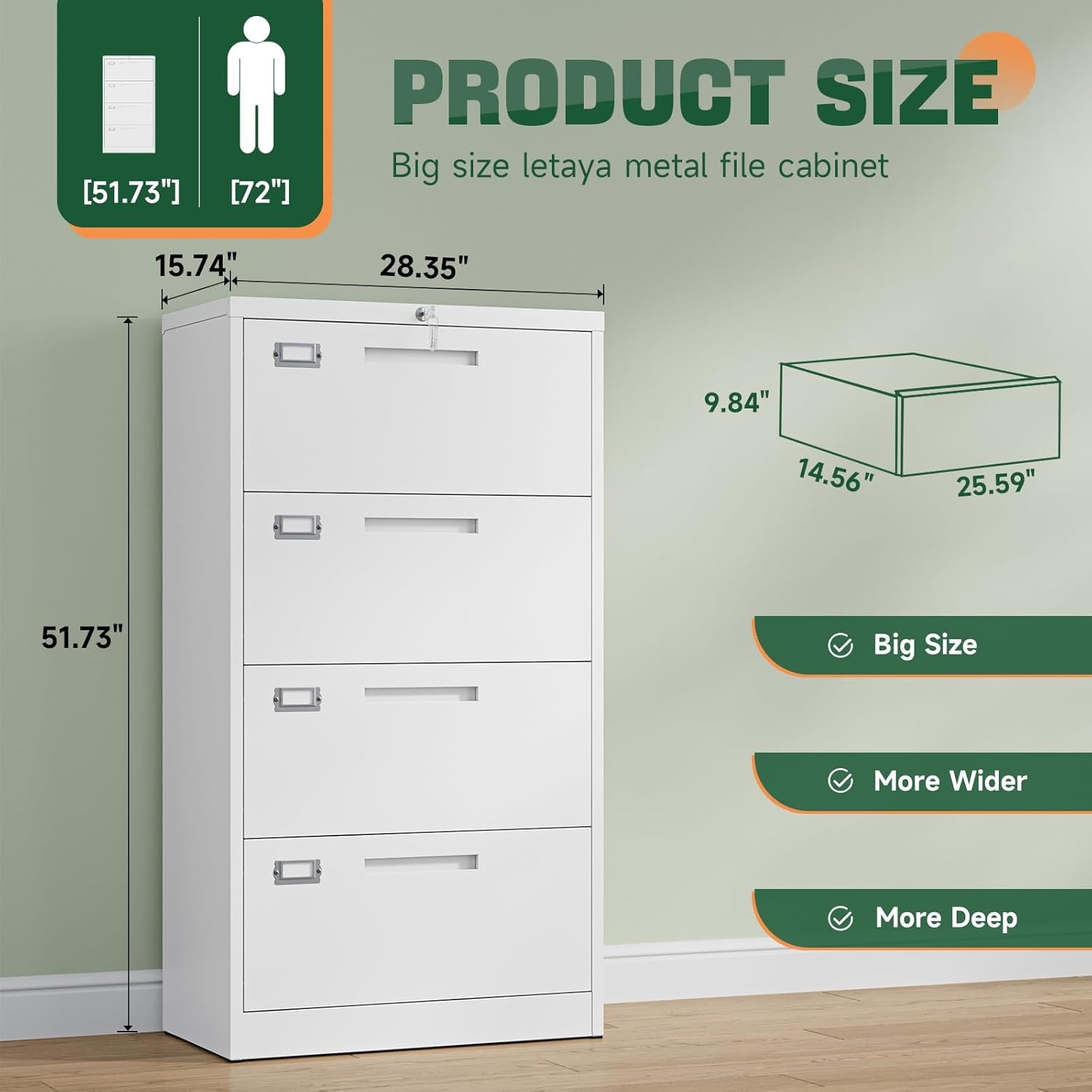 image:imageLetaya Metal Lateral File Cabinets with Lock2 Drawer Steel Wide Filing Organization Storage CabinetsHome Office Furniture for Hanging Files LetterLegalF4A4 Size Blcak2 DrawerWhite