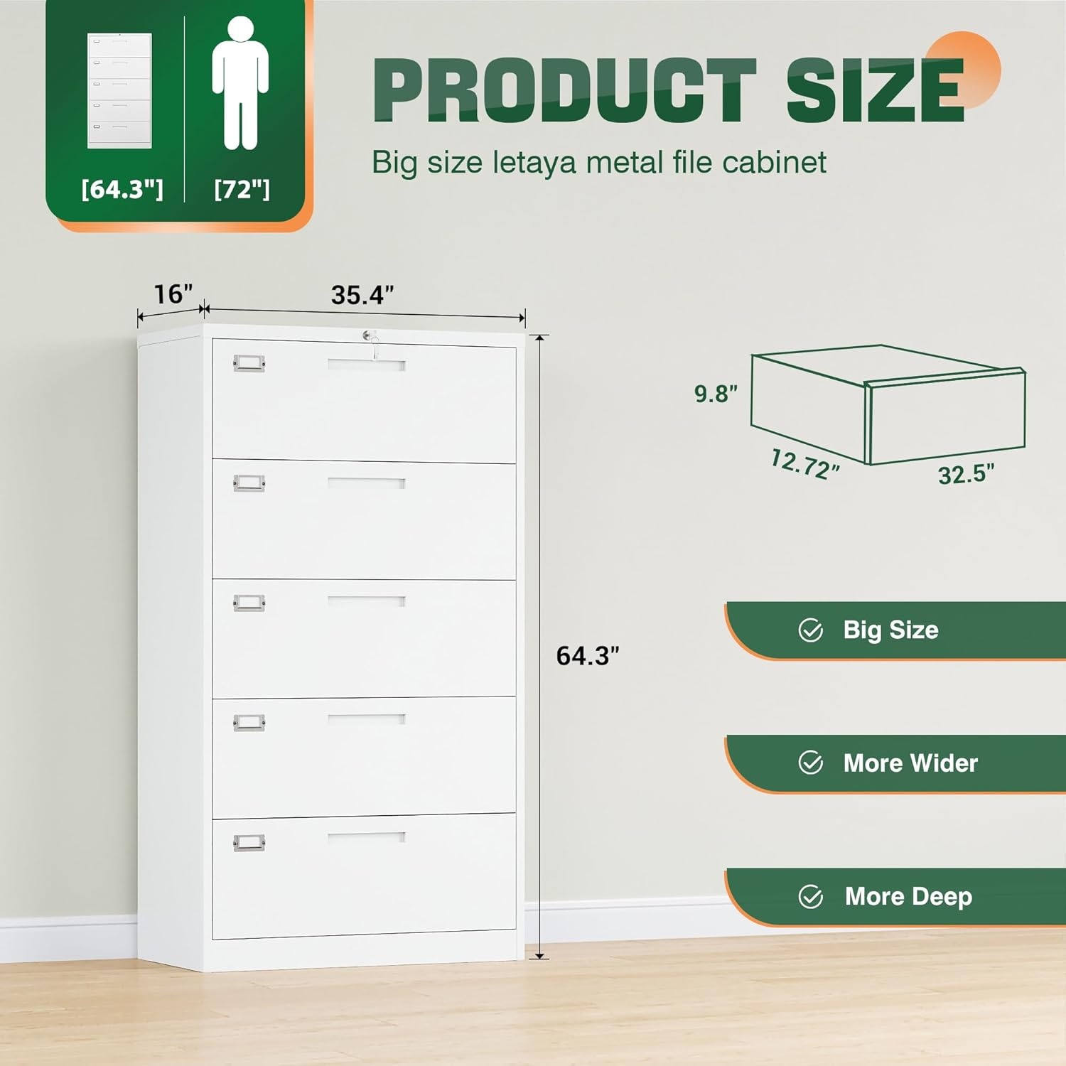 image:imageLetaya Metal Lateral File Cabinets with Lock2 Drawer Steel Wide Filing Organization Storage CabinetsHome Office Furniture for Hanging Files LetterLegalF4A4 Size Blcak2 DrawerWhite
