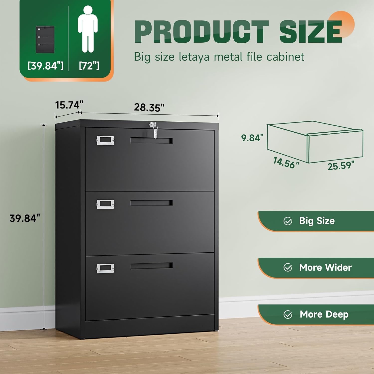 image:imageLetaya Metal Lateral File Cabinets with Lock2 Drawer Steel Wide Filing Organization Storage CabinetsHome Office Furniture for Hanging Files LetterLegalF4A4 Size Blcak2 DrawerBlack