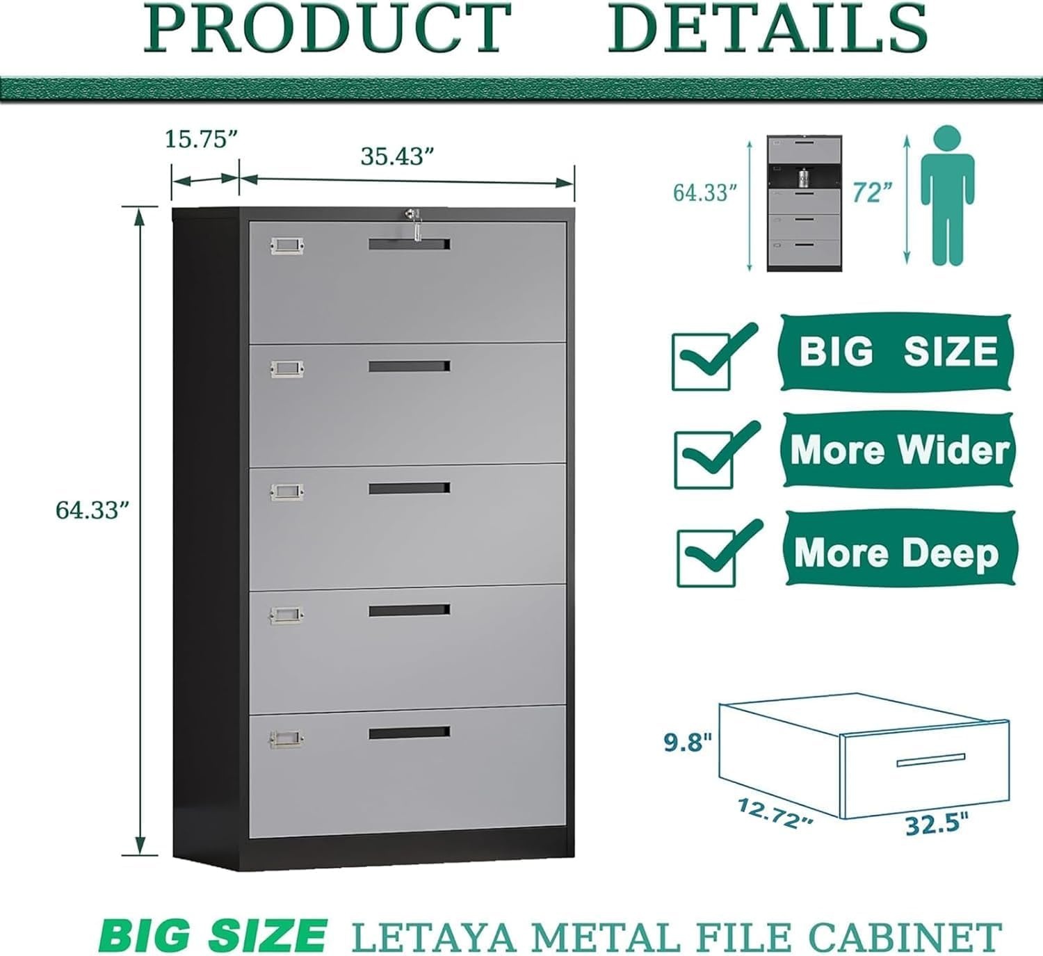 image:imageLetaya Metal Lateral File Cabinets with Lock2 Drawer Steel Wide Filing Organization Storage CabinetsHome Office Furniture for Hanging Files LetterLegalF4A4 Size Blcak2 DrawerBlack Grey