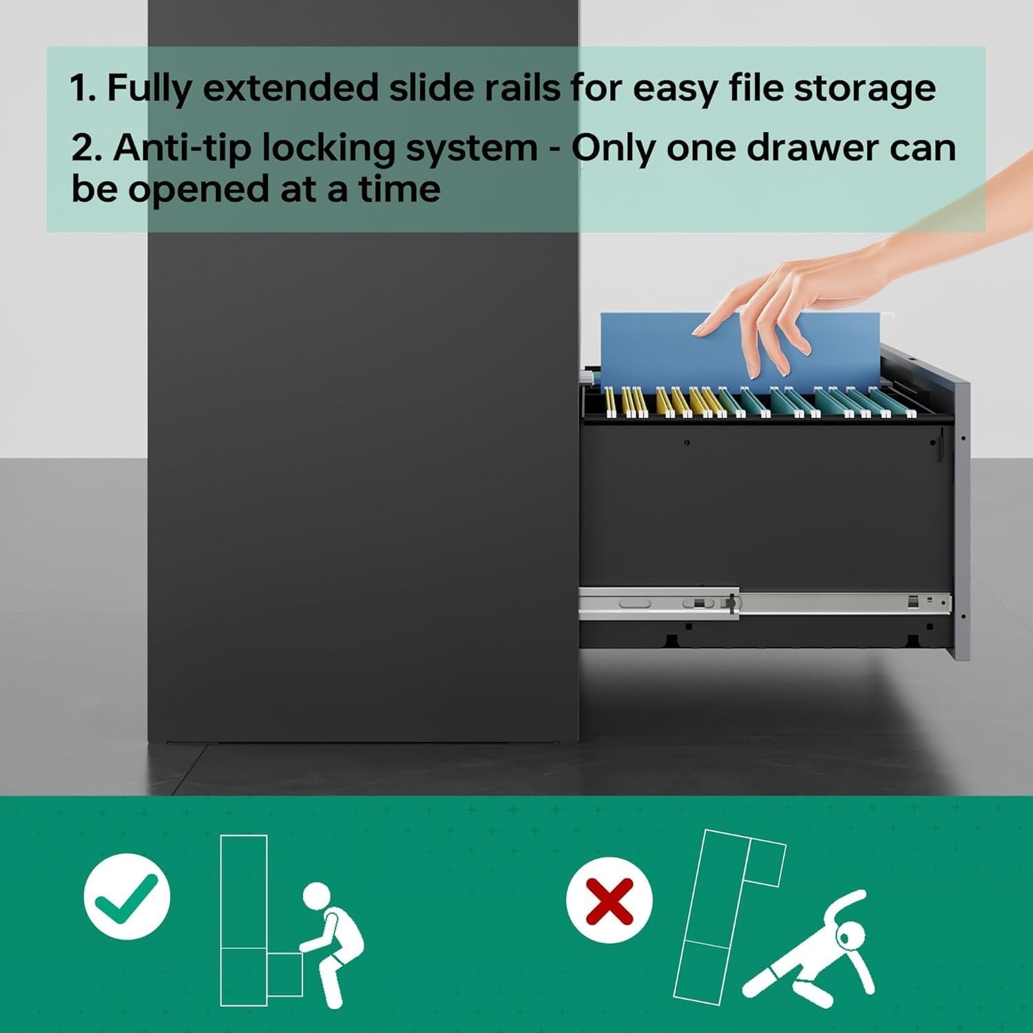 image:imageLetaya Metal Lateral File Cabinets with Lock2 Drawer Steel Wide Filing Organization Storage CabinetsHome Office Furniture for Hanging Files LetterLegalF4A4 Size Blcak2 DrawerBlack Grey
